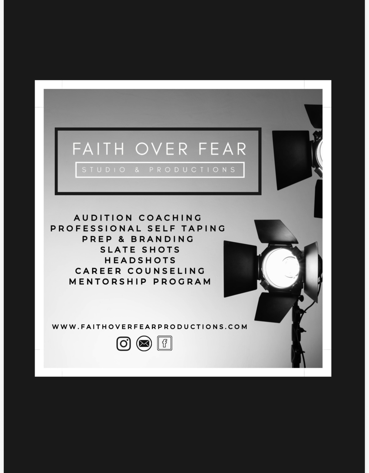 Black and white promotional poster for Faith Over Fear Productions with studio and production services listed.