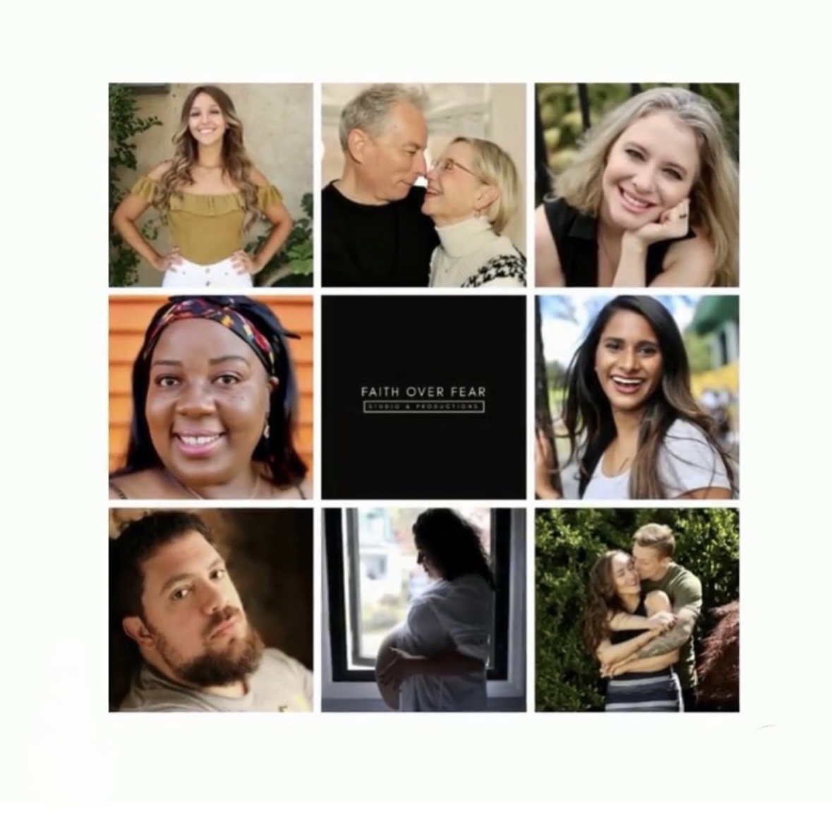 Collage of nine images, including smiling people, a person looking out a window, and a central black square with text.