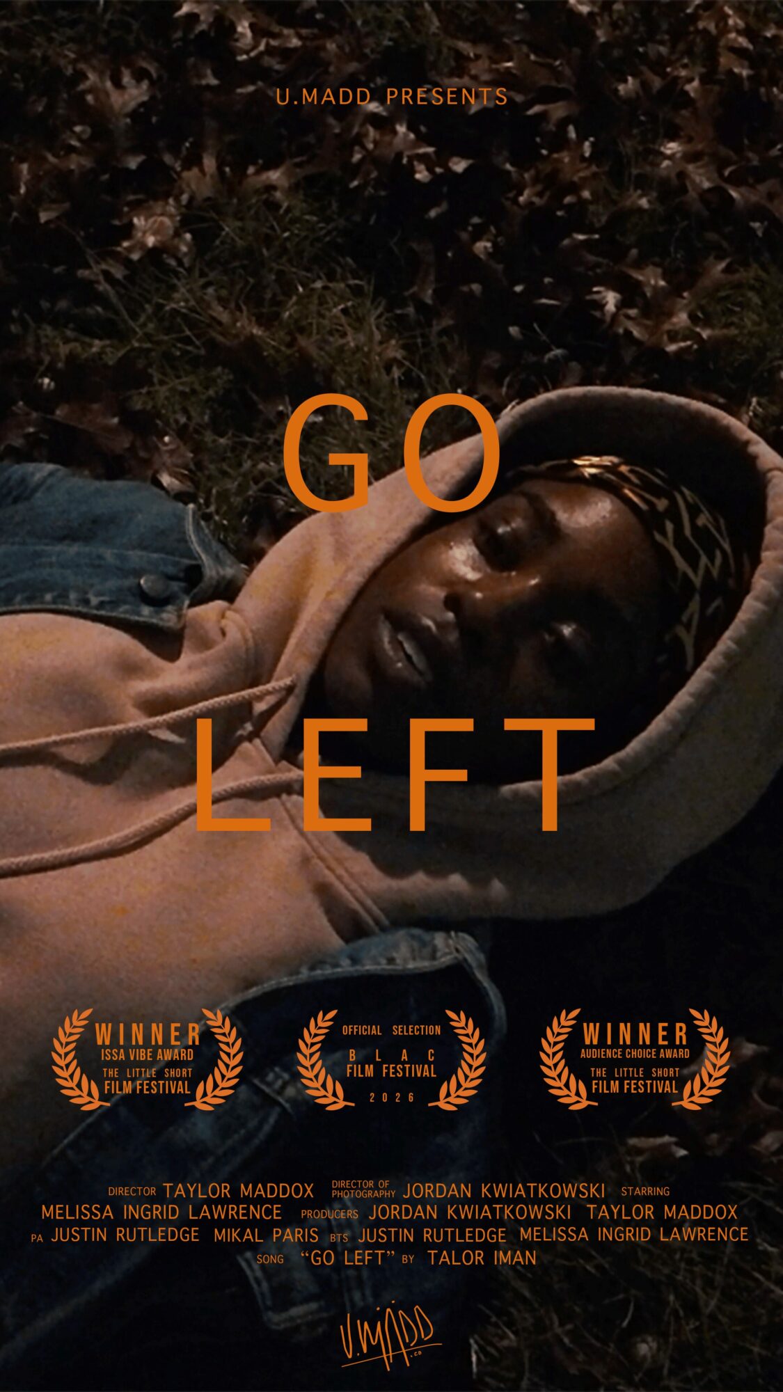 Person lying outdoors with head resting on a pillow, dark background, text says 'GO LEFT', image is dark and moody.