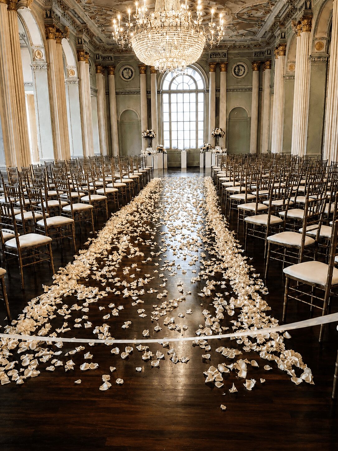 Elegant hall with a chandelier, rows of chairs, and a flower petal aisle leading to a large window.