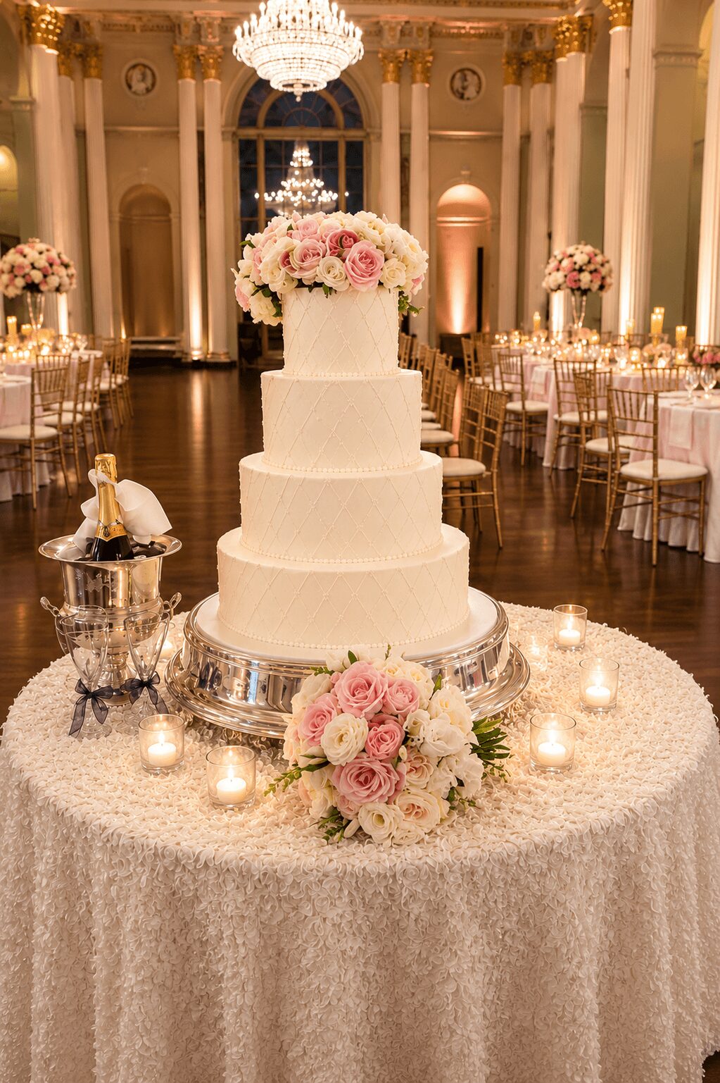 Four-tier white wedding cake with pink flowers on a round table, decorated with candles and floral arrangements, in an elegant hall.