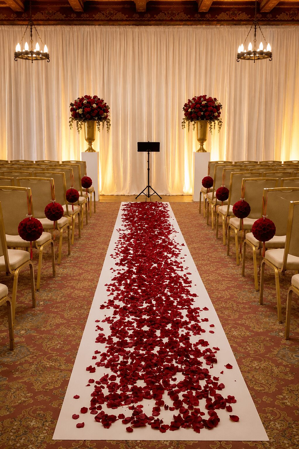 Wedding aisle with rose petals, chairs on both sides, floral arrangements, and curtains backdrop.