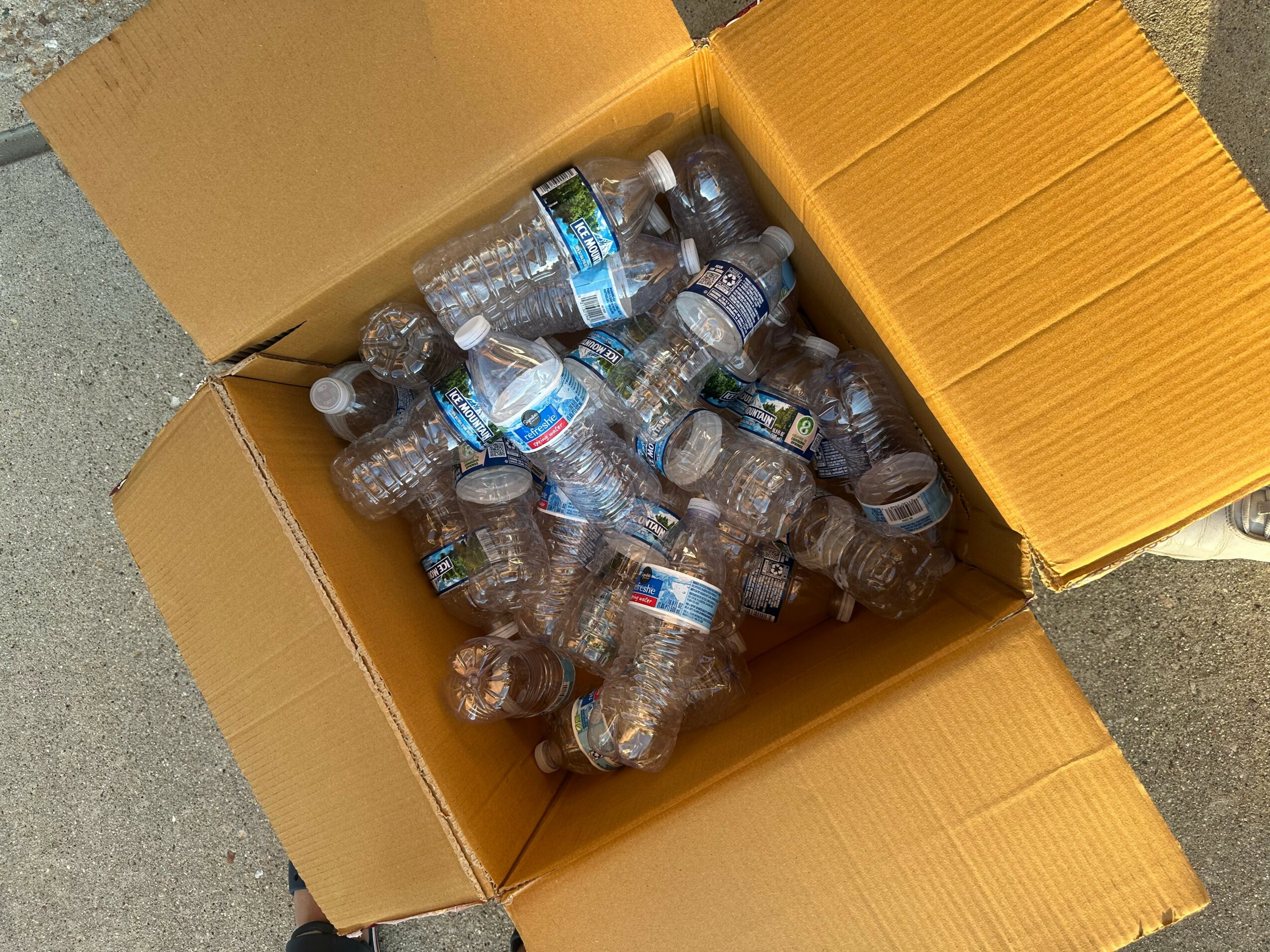 Open cardboard box filled with empty plastic water bottles on a concrete surface.
