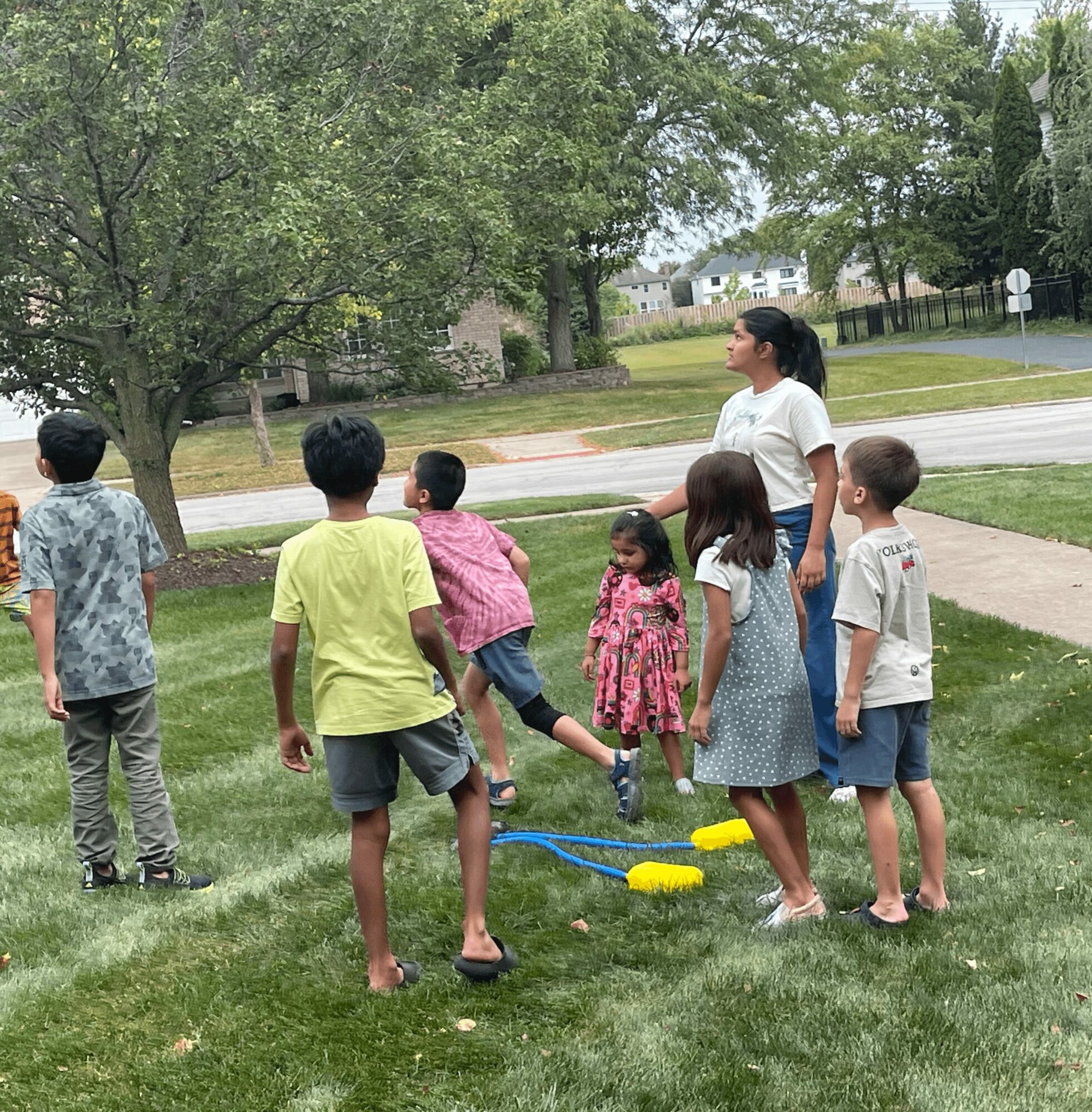 Group of children and an adult playing on a grassy area with trees and a sidewalk in the background.