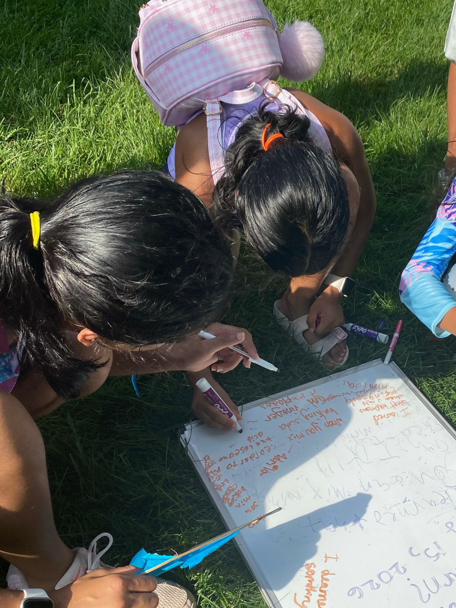 Two children with dark hair, one with a yellow hair tie, are writing on a whiteboard outdoors on grass.