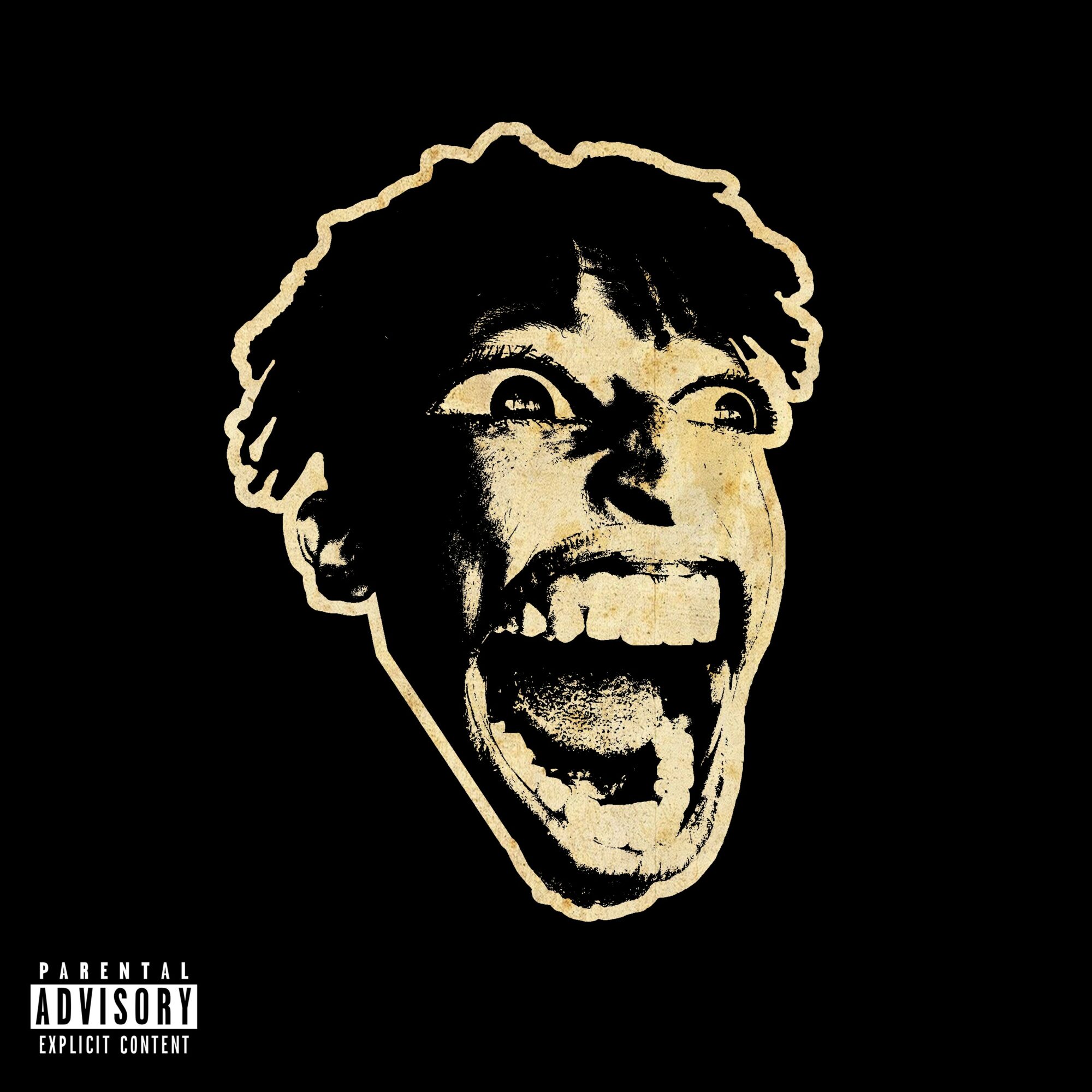 A stylized face with an open mouth and wide eyes, expressing excitement or surprise, on a black background.