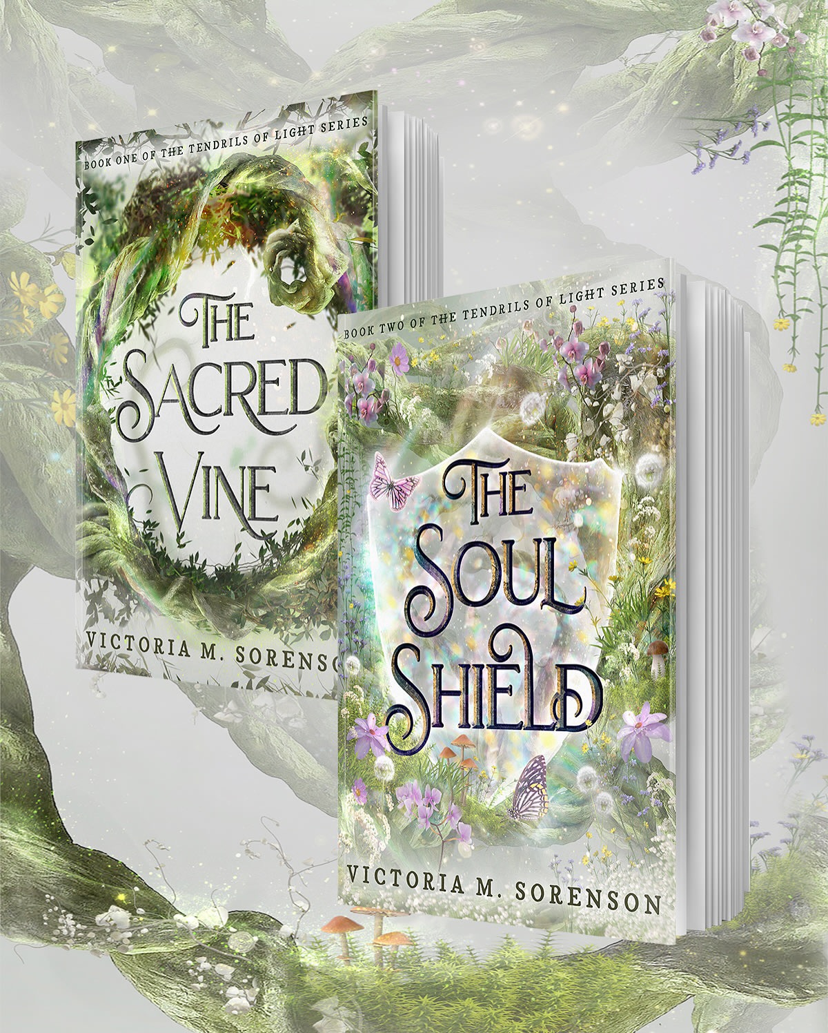 Two books titled 'The Sacred Vine' and 'The Soul Shield' by Victoria M. Sorenson, with floral and mystical cover designs, placed on a reflective surface.