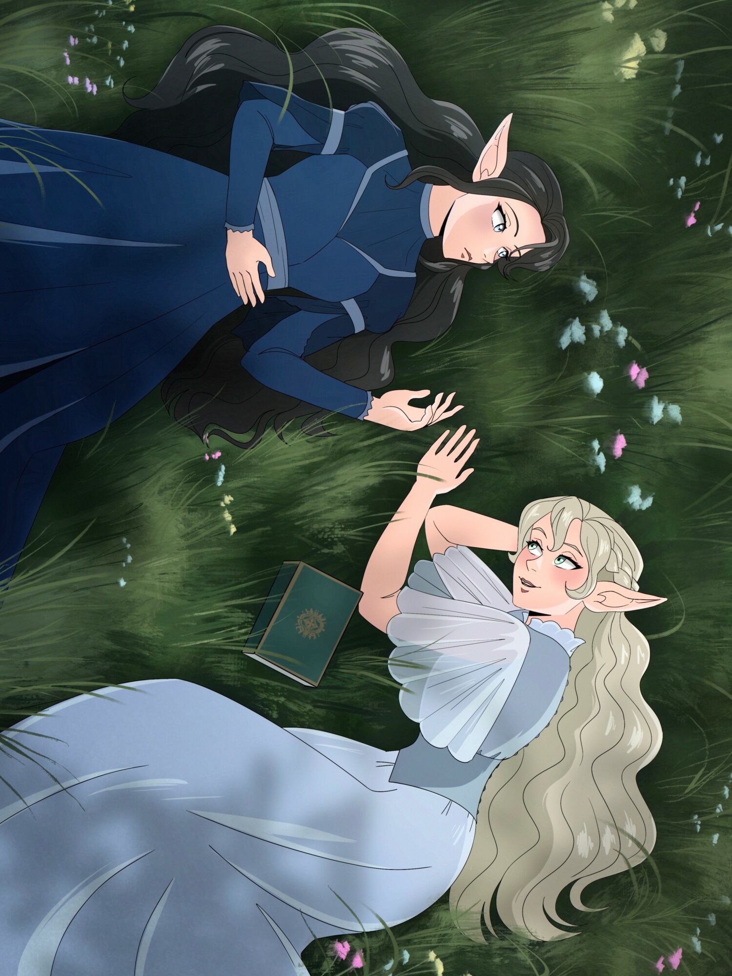 Two fantasy characters with elf-like features lie on grass, one with dark hair and blue dress, the other with long white hair and light dress, surrounded by flowers.