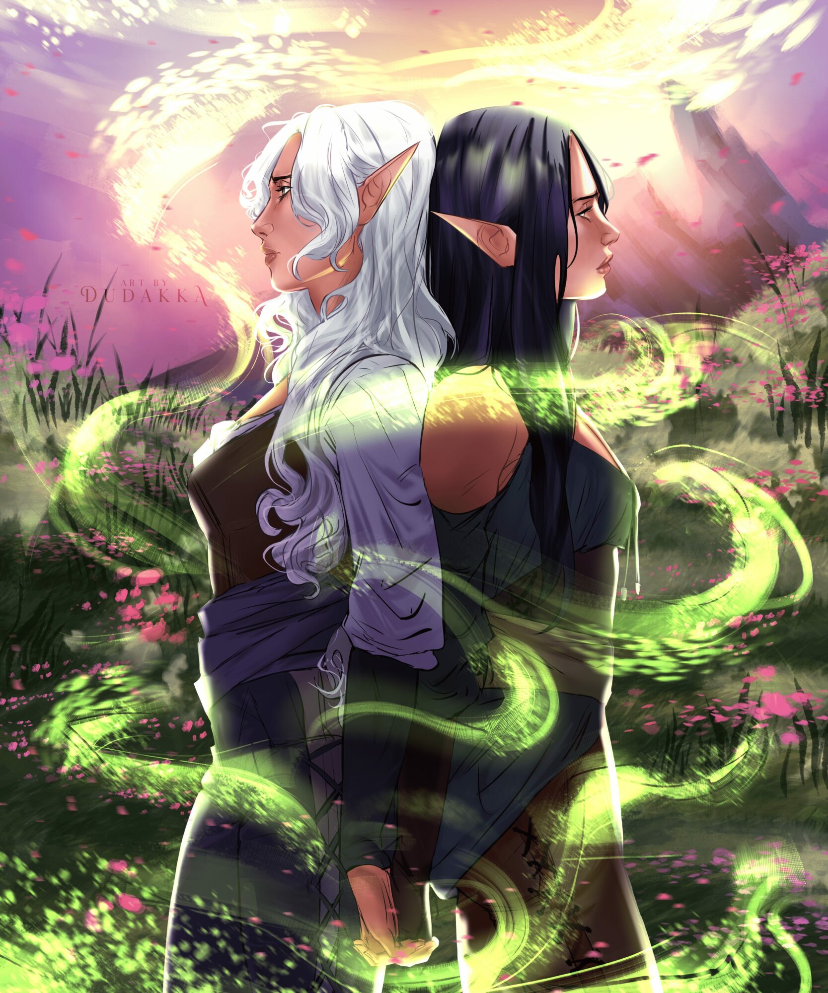 Two elf-like women with pointed ears stand back-to-back in a colorful landscape with pink flowers and a sunset sky, surrounded by green magical swirls.