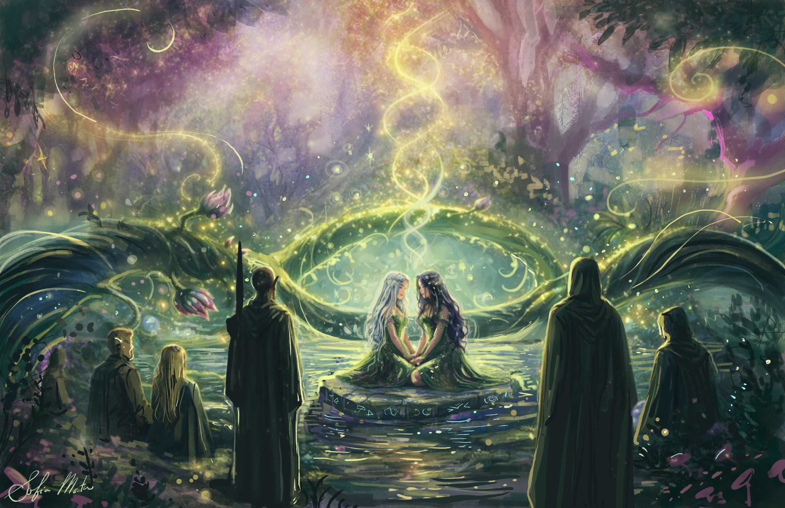 Five people sit and stand around a glowing, mystical pond in a colorful, enchanted forest with swirling lights and trees.