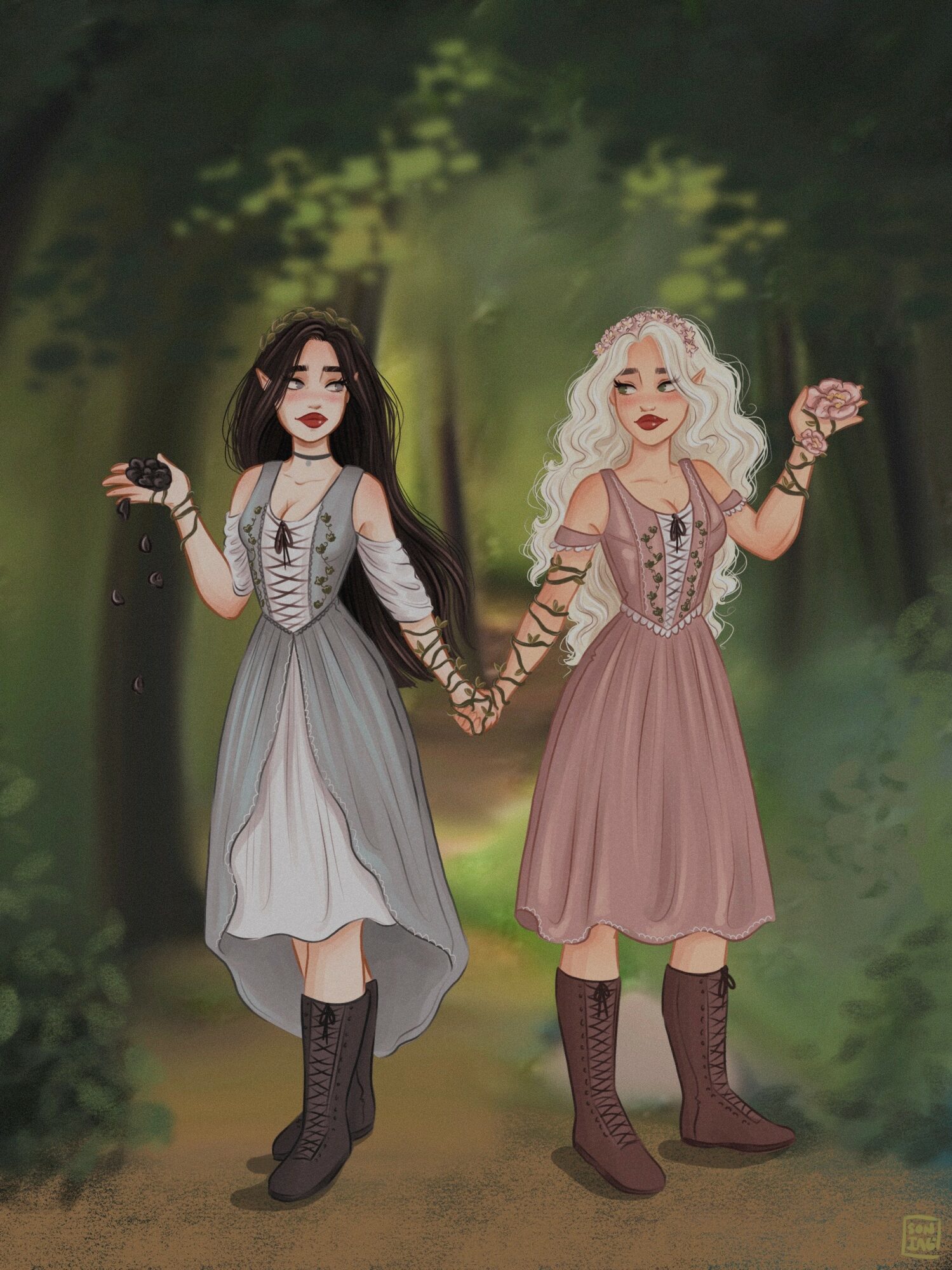 Two women holding hands in a forest, one with long dark hair and the other with curly blonde hair, both wearing dresses and boots.