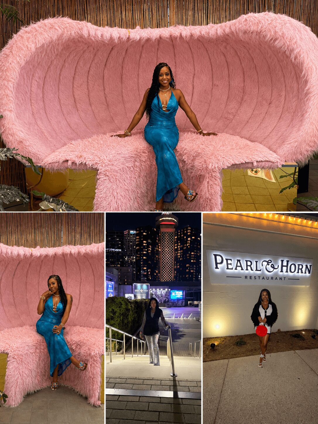 Woman in blue dress sitting on large pink shell-shaped bench, city skyline at night, woman in black jacket at Pearl & Horn sign, woman in black jacket and red shoes outside.