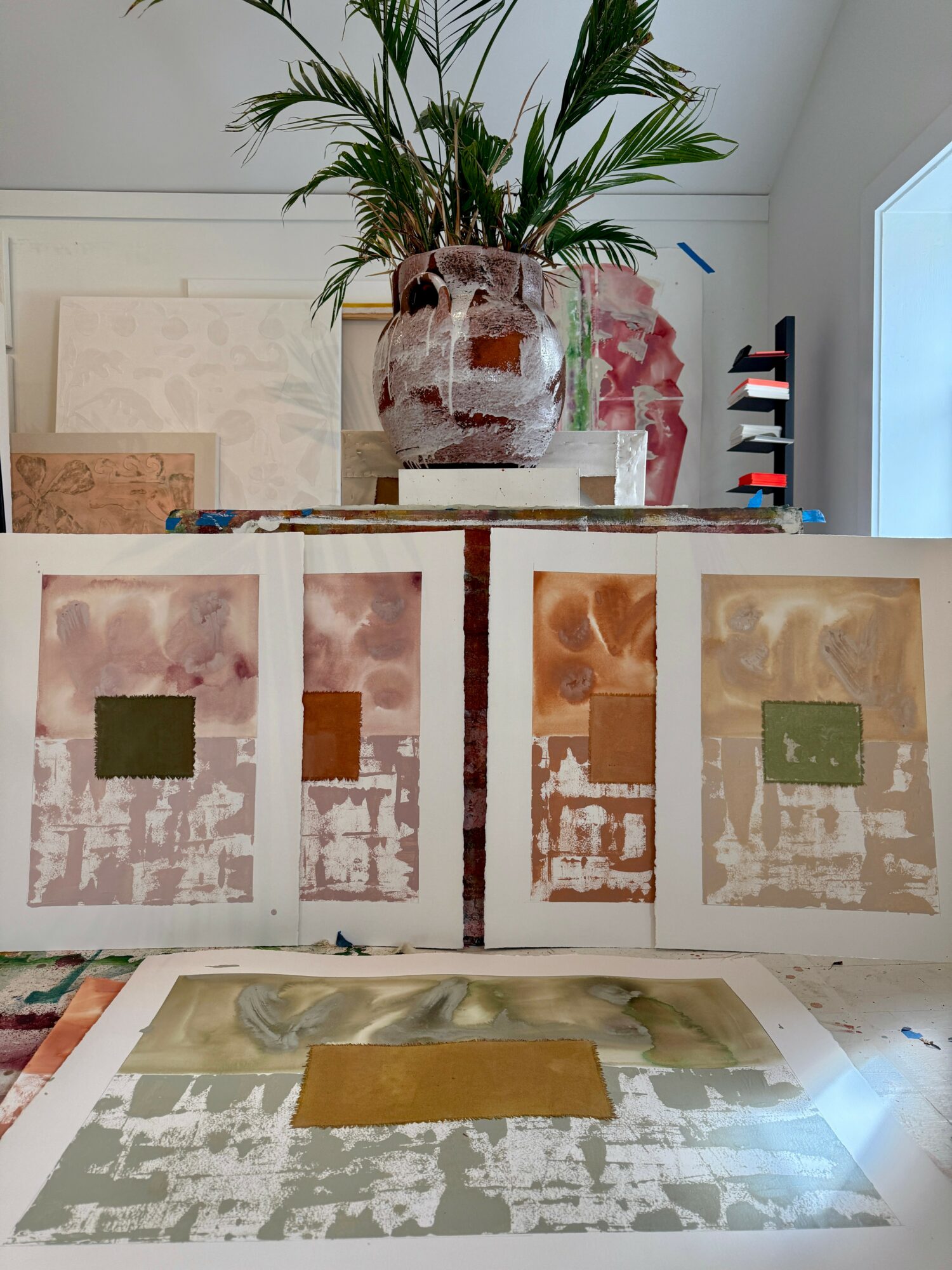 Display of abstract artwork with earthy tones and a potted plant on top, in a well-lit room with a window.