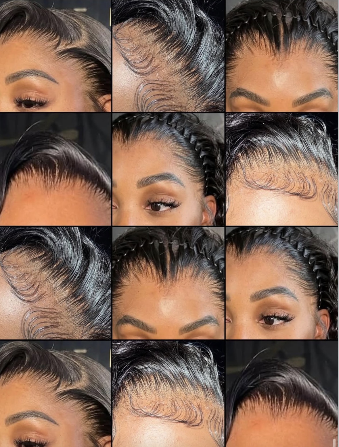 Collage of close-up images of women's hairstyles, including braids, waves, and hair edges, focusing on hair details and styles.