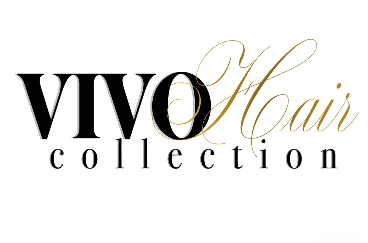 Logo with black and gold text reading 'VIVO Hair collection' in elegant fonts.