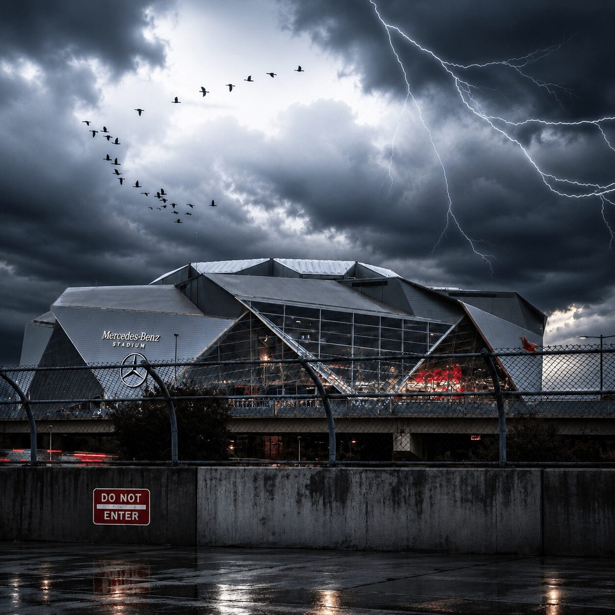 Modern building under stormy sky with lightning, dark clouds, and flying birds, viewed from behind a fence and concrete barrier.