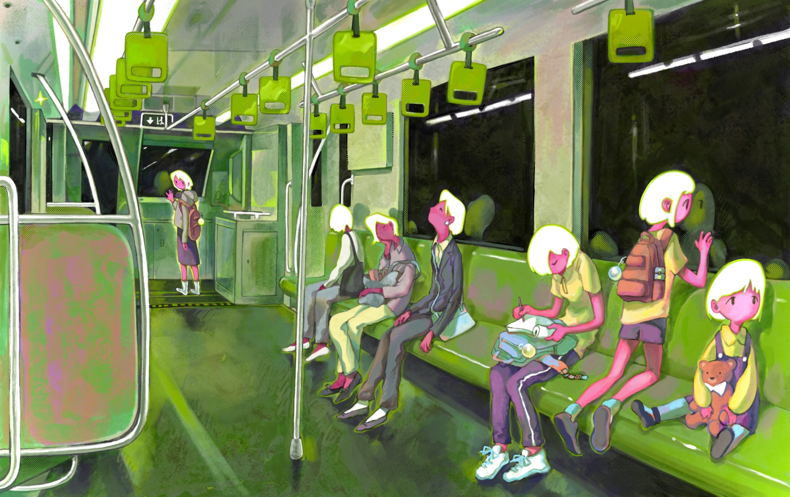 People sitting on bus seats, some reading or using devices, with a person standing near the door, all with pink hair.