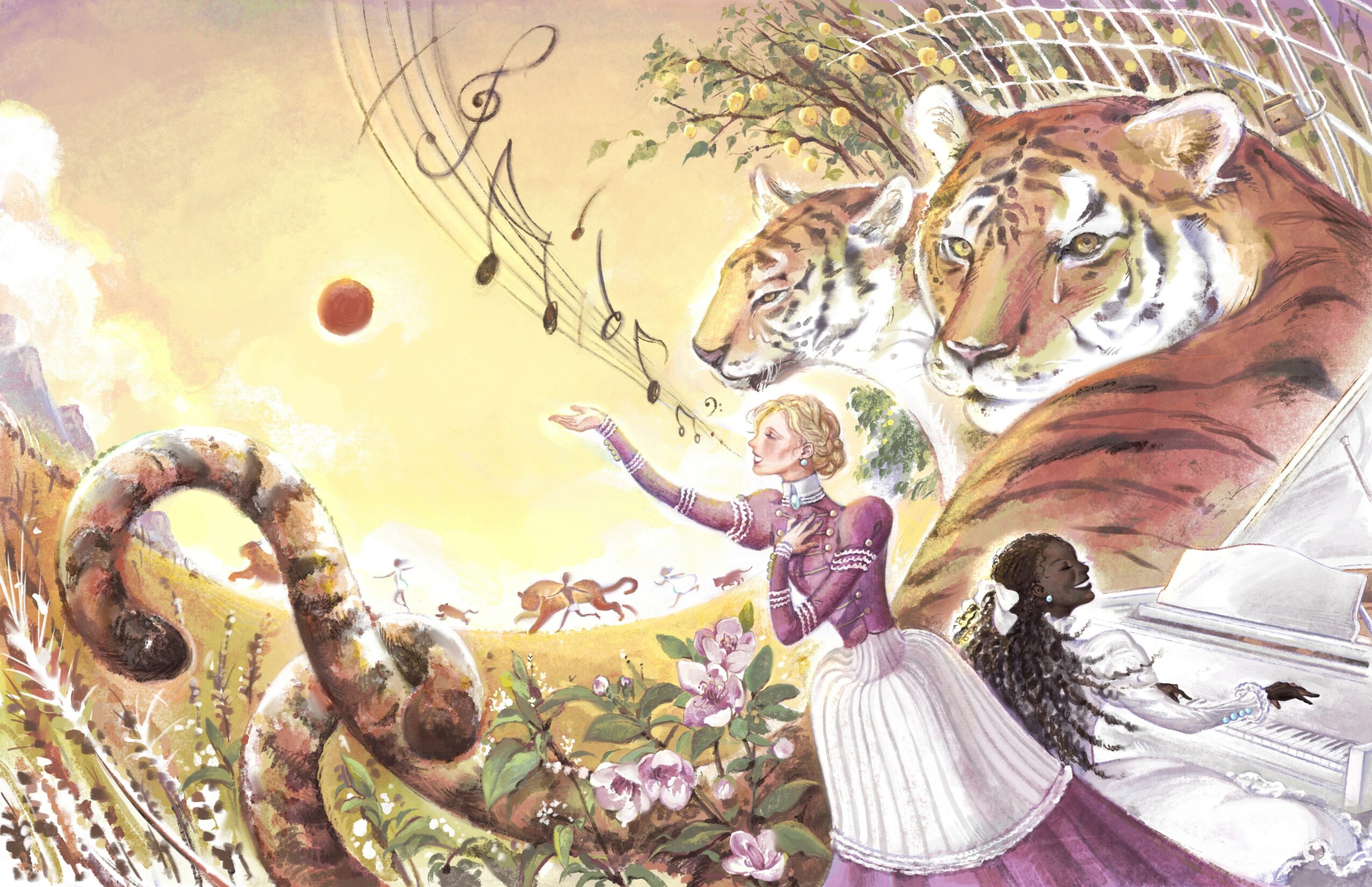 Girl with long hair and a dress reaches toward a tiger, surrounded by animals, flowers, and musical notes in a fantasy scene.