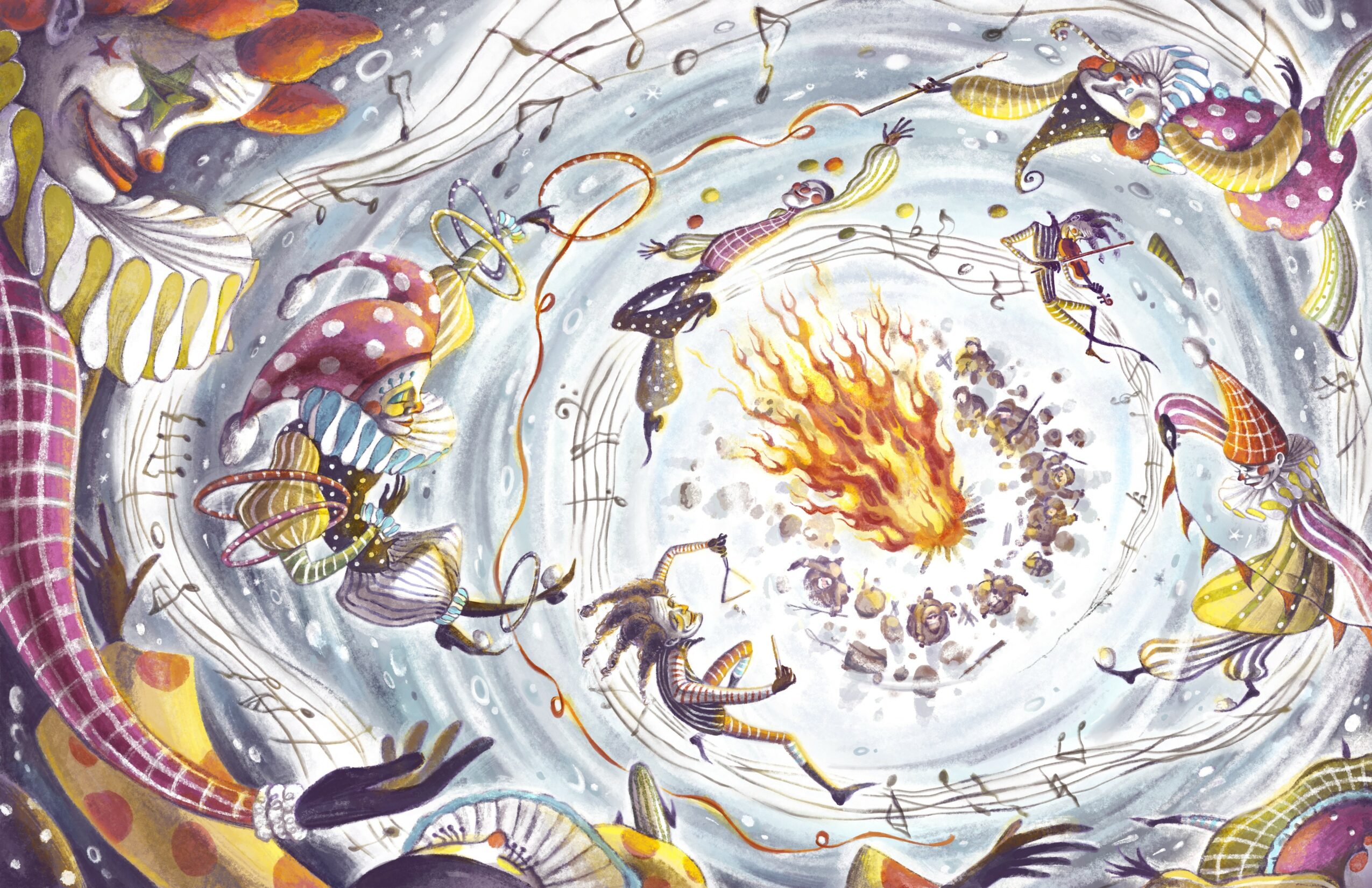 Colorful abstract scene with insects, mushrooms, and a fiery explosion in a swirling pattern.