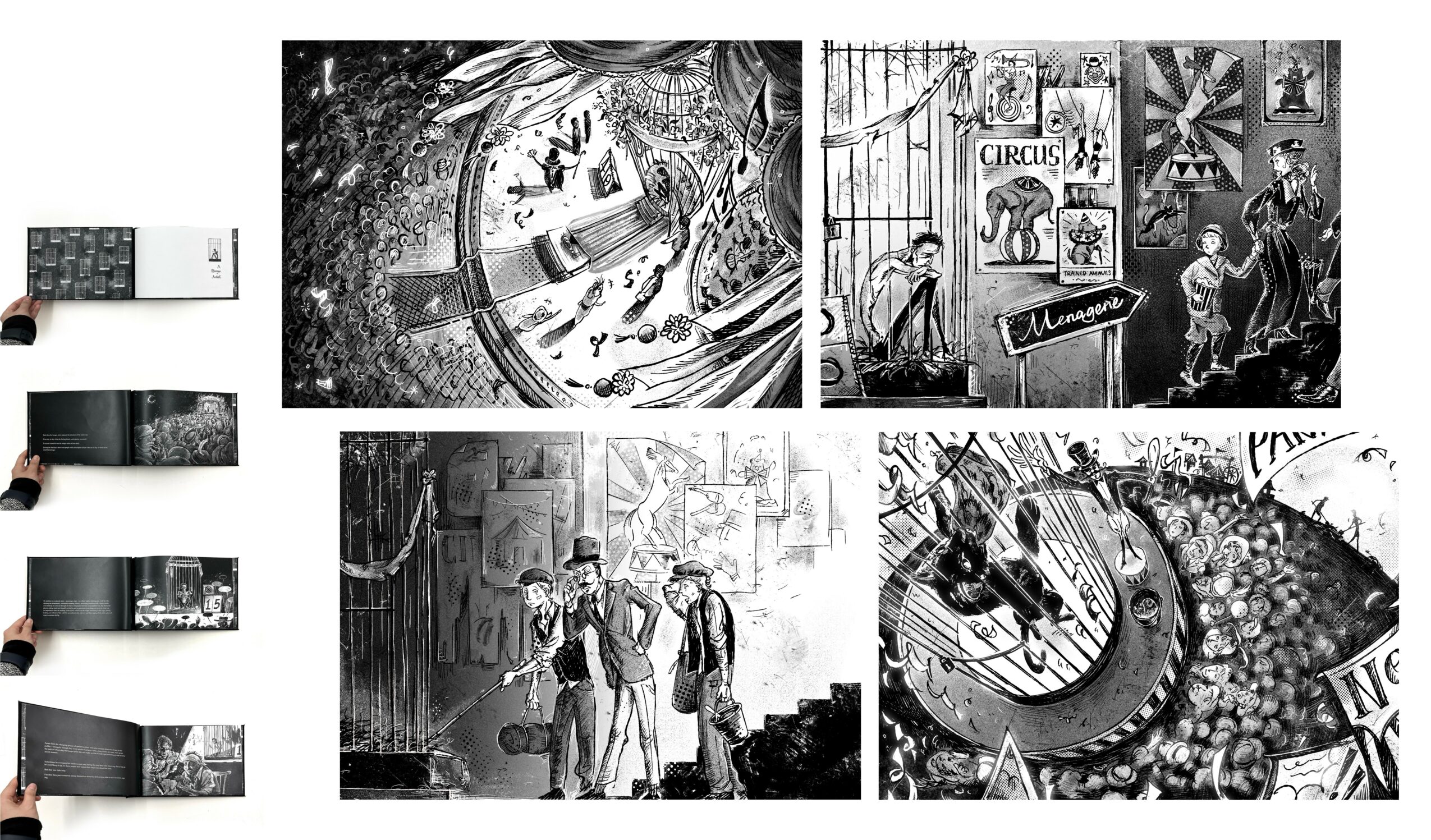 Six black-and-white images of a comic or graphic novel, including scenes with people, a circus, and a clock, arranged in two rows.