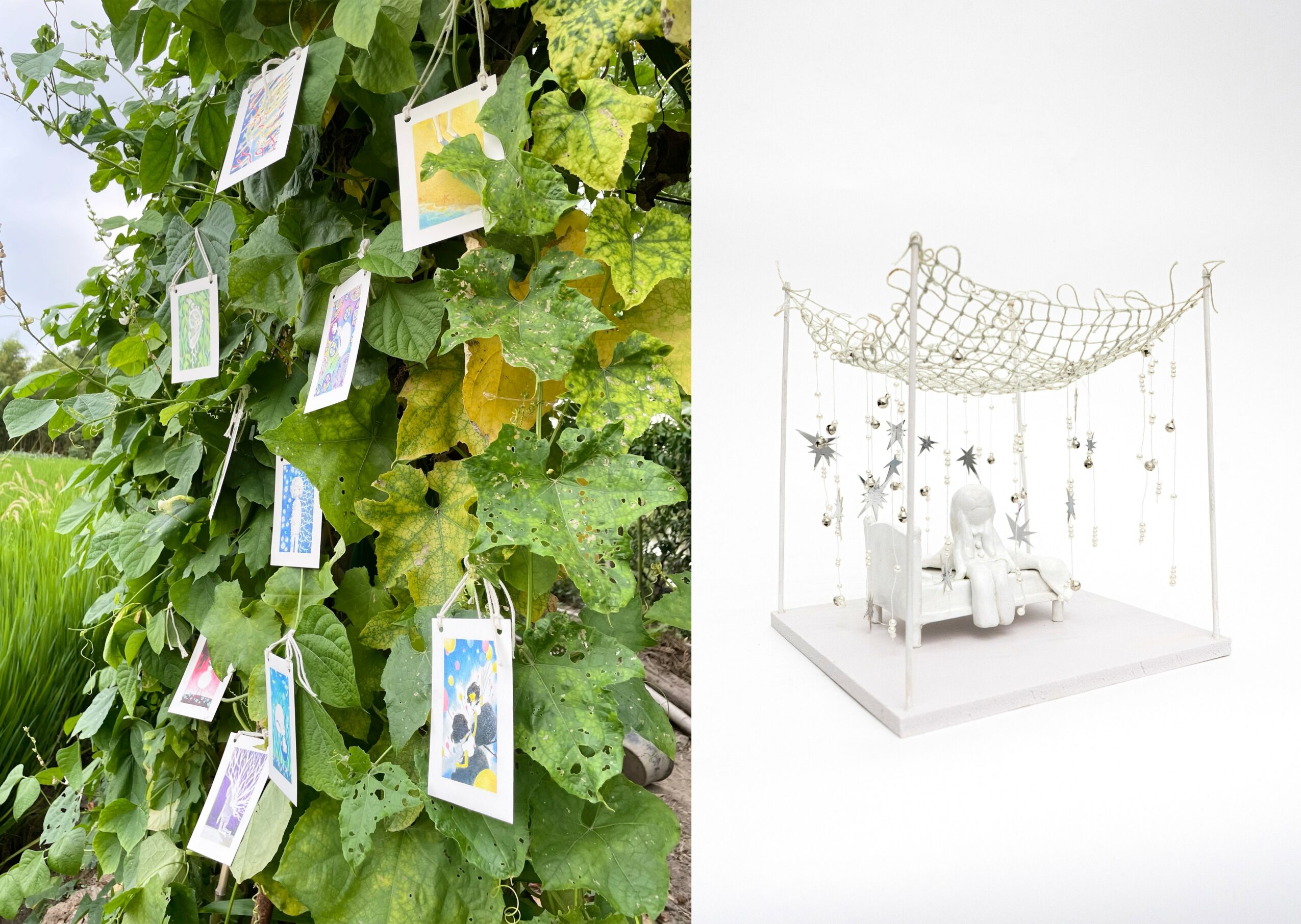 Left side shows plant tags hanging from green leaves; right side displays a white decorative miniature bed with hanging stars and moon.