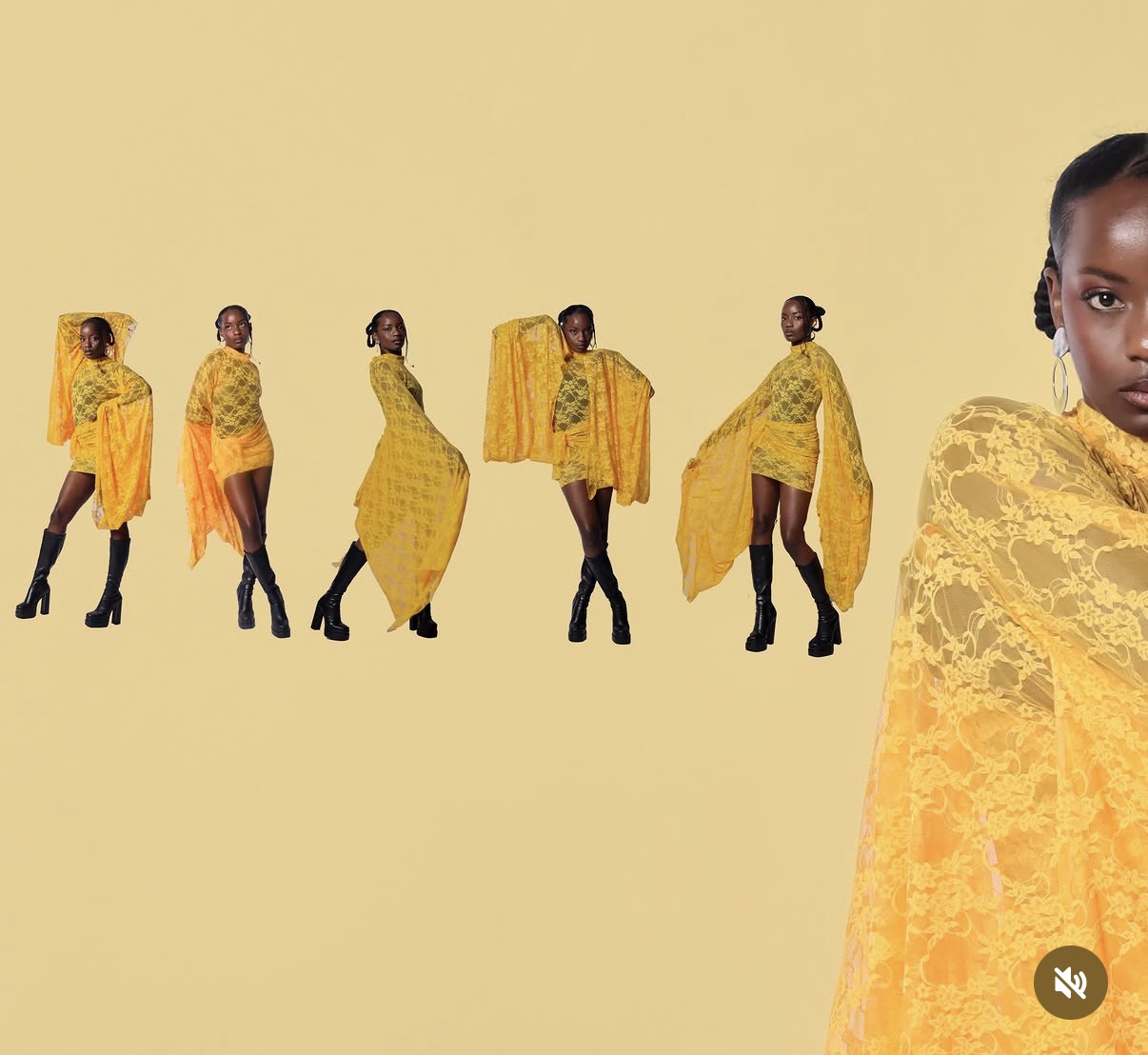 Six women in yellow dresses and black boots stand against a yellow background, with a close-up of one woman on the right.