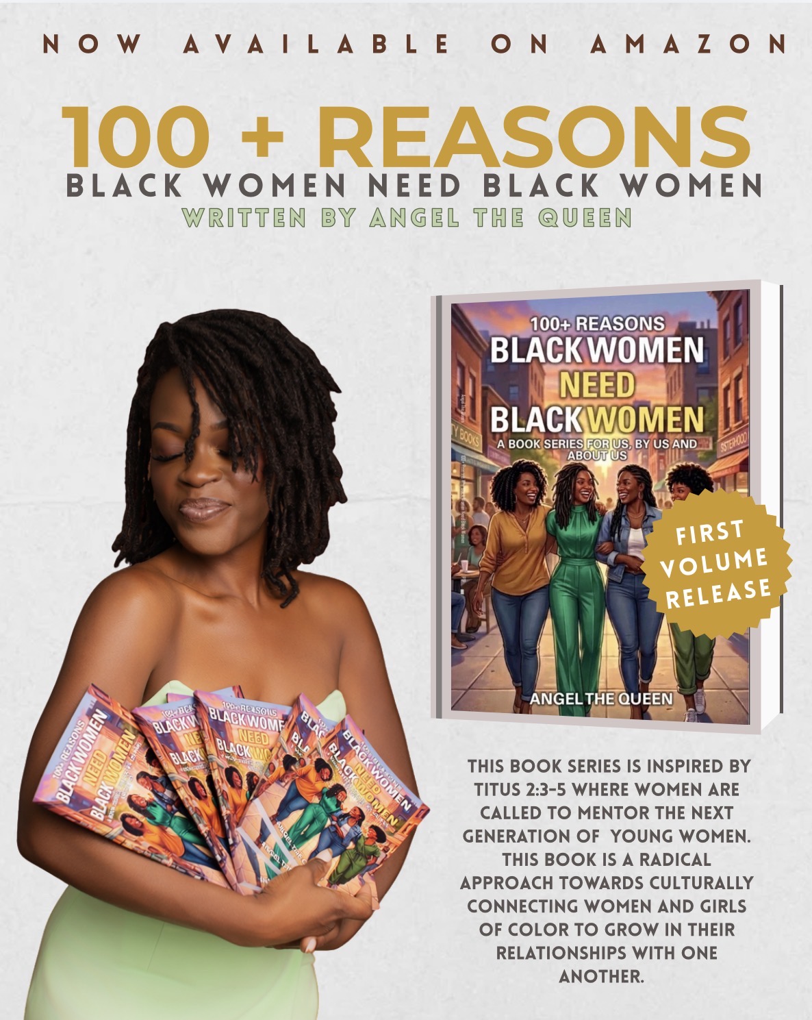 Woman with dreadlocks holding colorful books, book cover shows diverse women, text about book's inspiration and content, yellow badge.