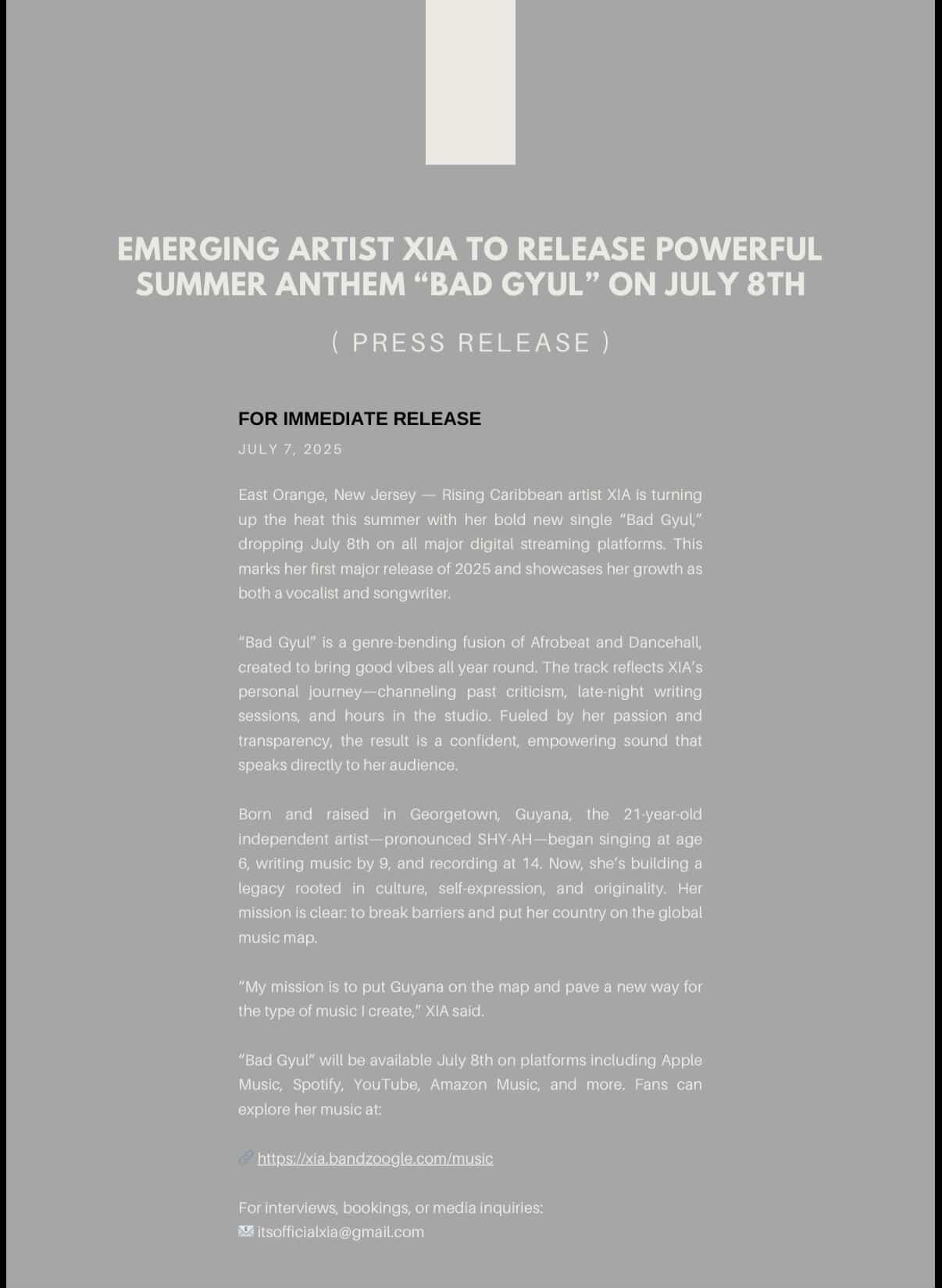 Press release announcing artist Xia to release summer anthem on July 8th, with details about the song and artist, in small text.