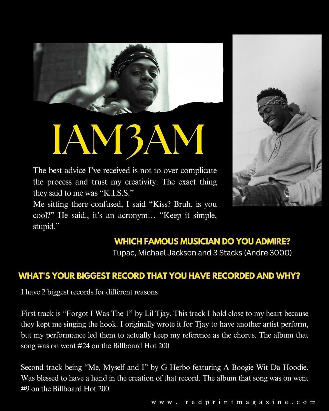 Black and white photo of a man with a headband, with text about music and recording, and a quote from Tupac. Word count: 44