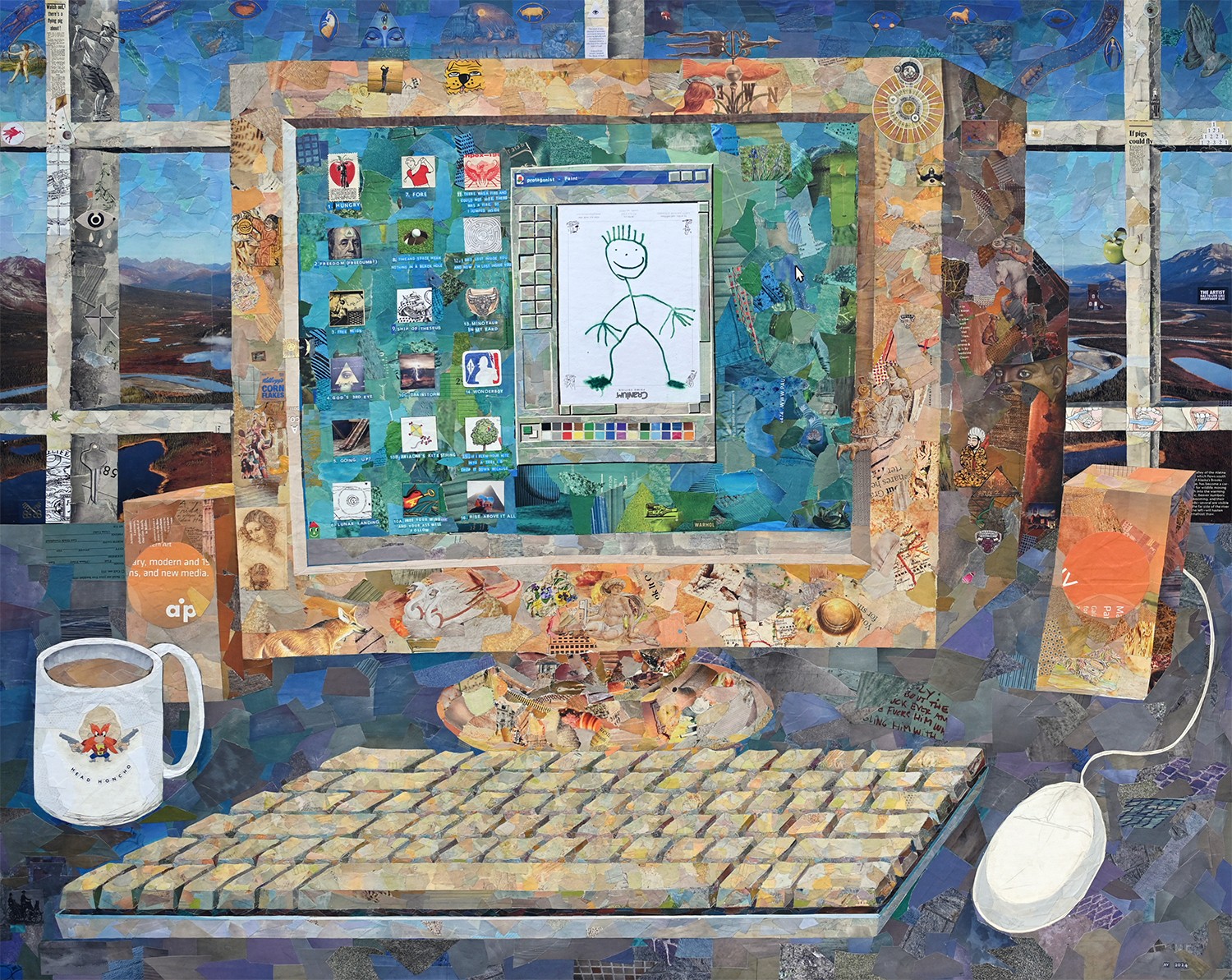 Computer monitor displaying a stick figure drawing, keyboard, mouse, mug, and papers on desk, with window in background.