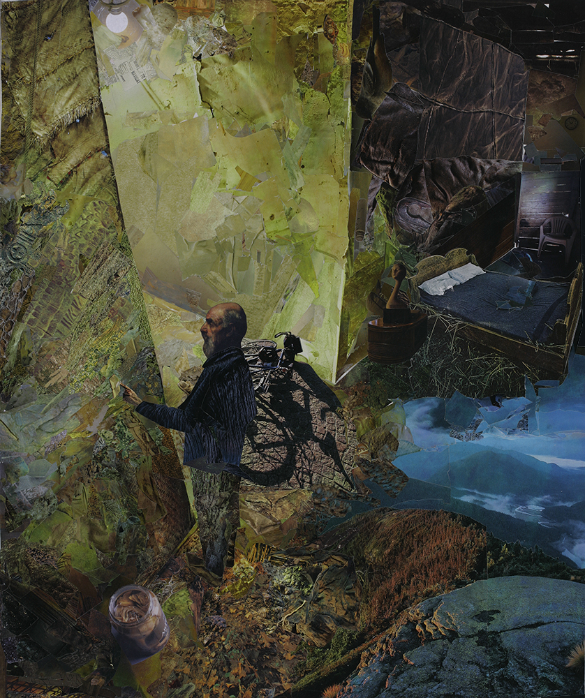 Person standing in a forested area with a bicycle, surrounded by trees and a waterfall, with a room in the background.