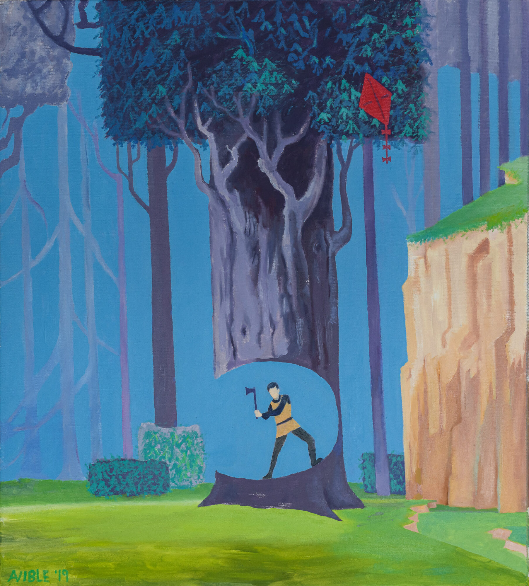 A person with a yellow and black striped shirt stands on a tree stump in a forest with tall trees and a cliff on the right.