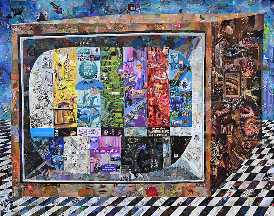 Colorful collage with various images, a large black and white checkered floor, and a person with red hair on the right.