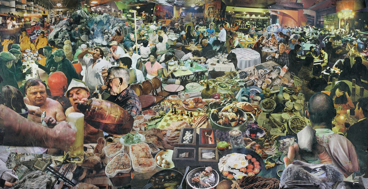 Crowded market with many people, stalls, and food items displayed on tables, busy and lively scene.