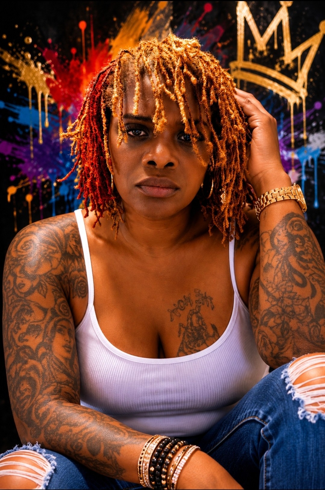 Woman with dreadlocks and tattoos, wearing a white tank top, sitting with colorful paint splashes in background.
