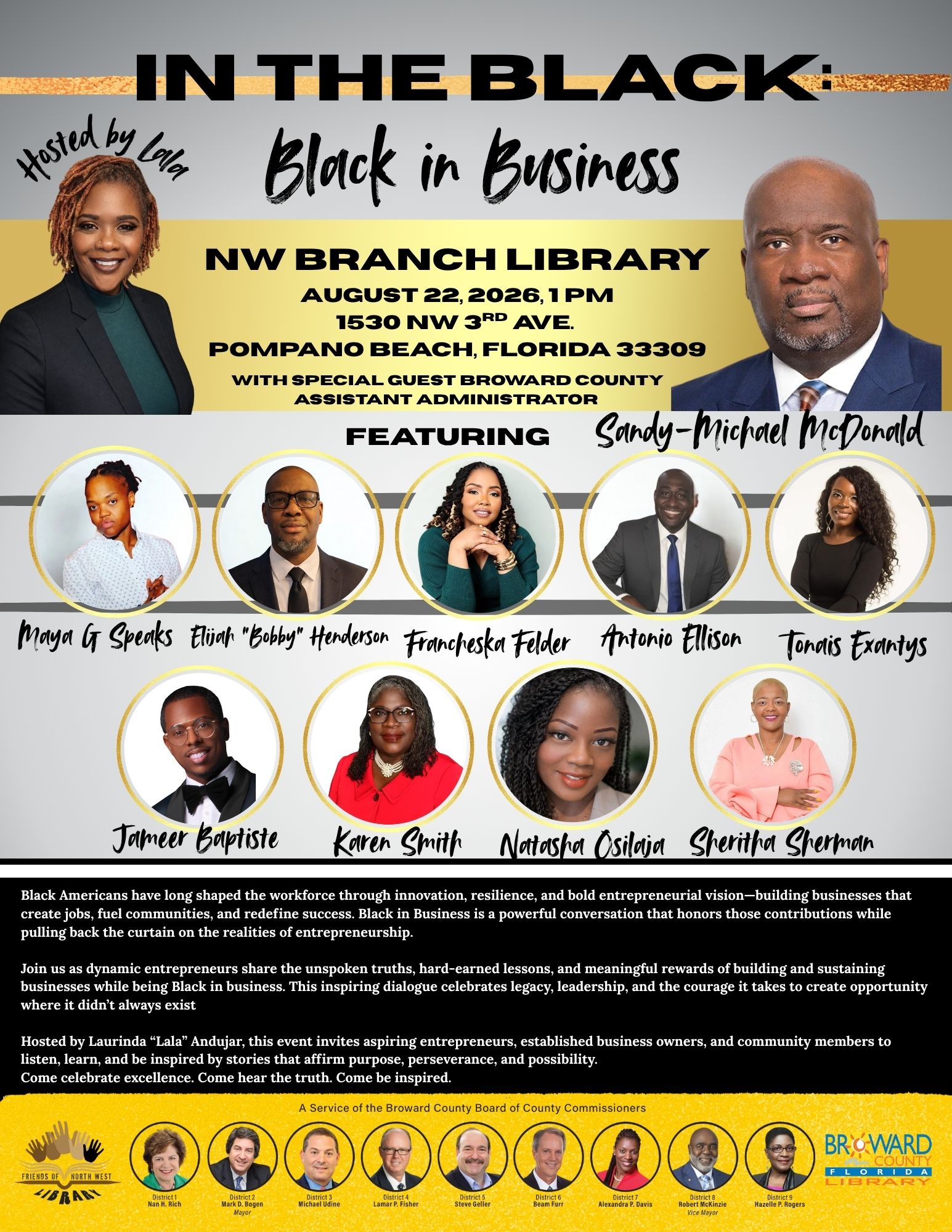 Group of nine diverse people, including men and women, in a promotional poster for a business event at NW Branch Library, Florida.