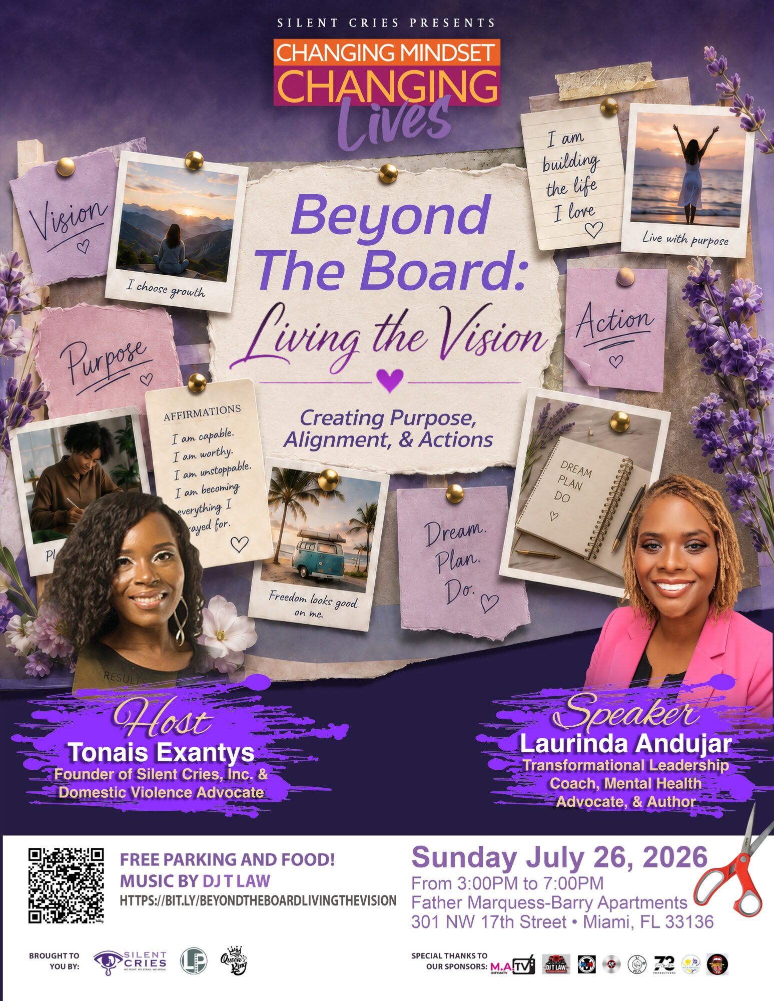 Collage of notes, photos, and two women smiling, with purple flowers and event details for a motivational event.