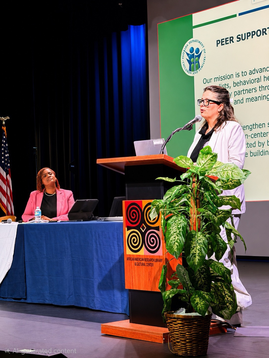 Woman speaking at a podium with a large plant in front, a woman seated at a table, and a presentation screen behind.