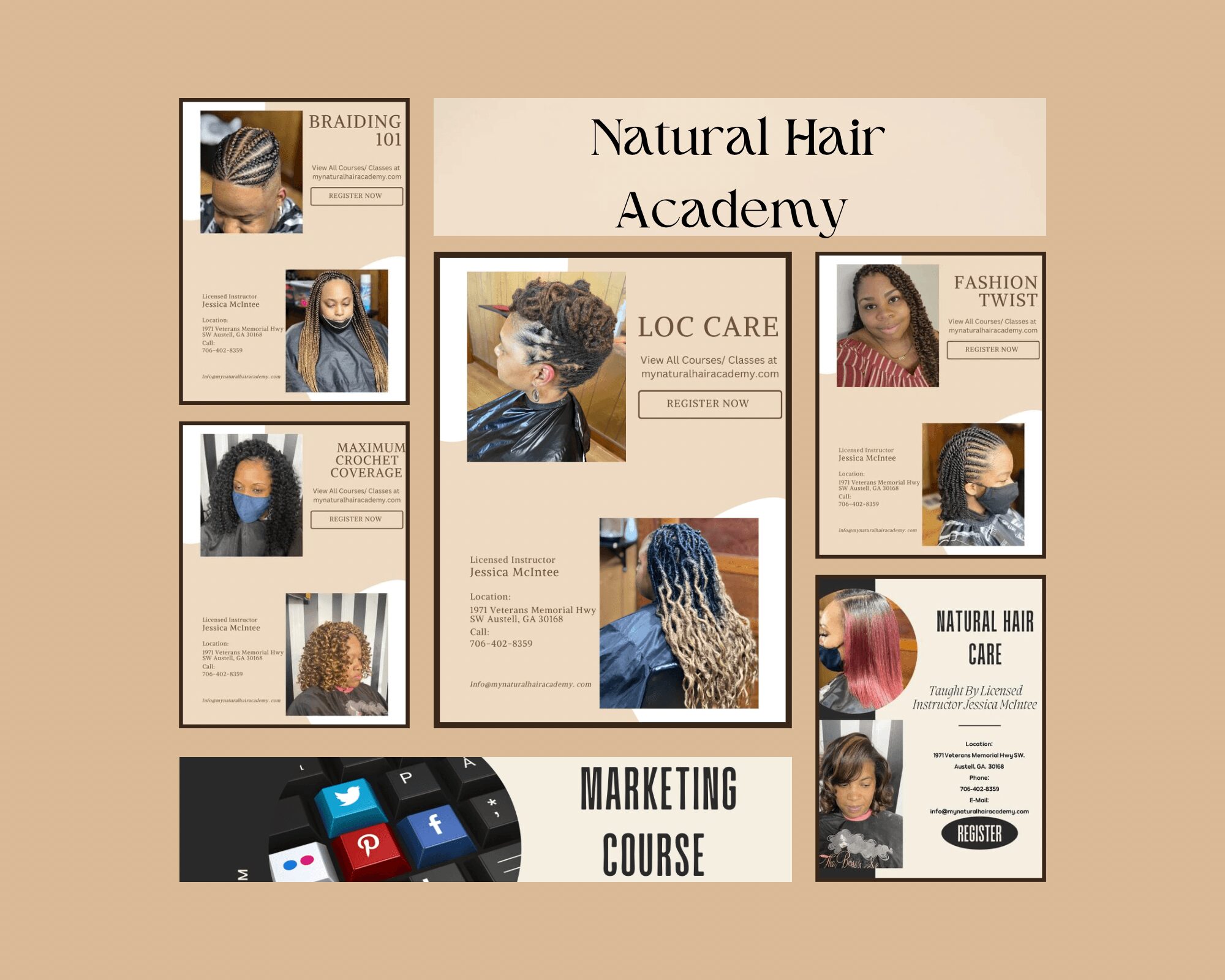 Collage of flyers and posters for a natural hair academy and marketing course, featuring images of people with various hairstyles.