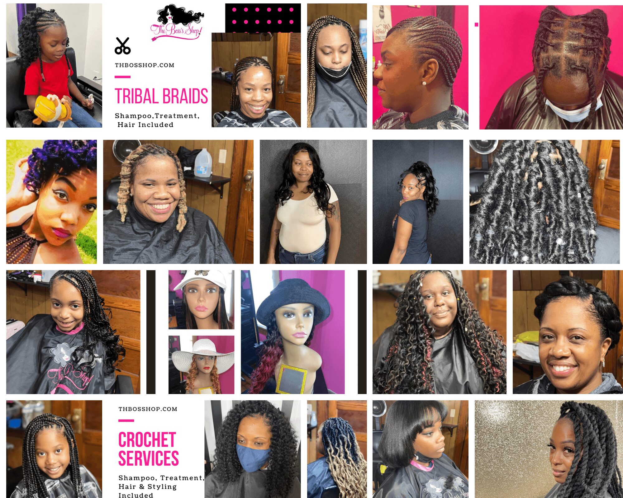 Collage of women and children with various braided and curly hairstyles, some wearing masks, in indoor settings.