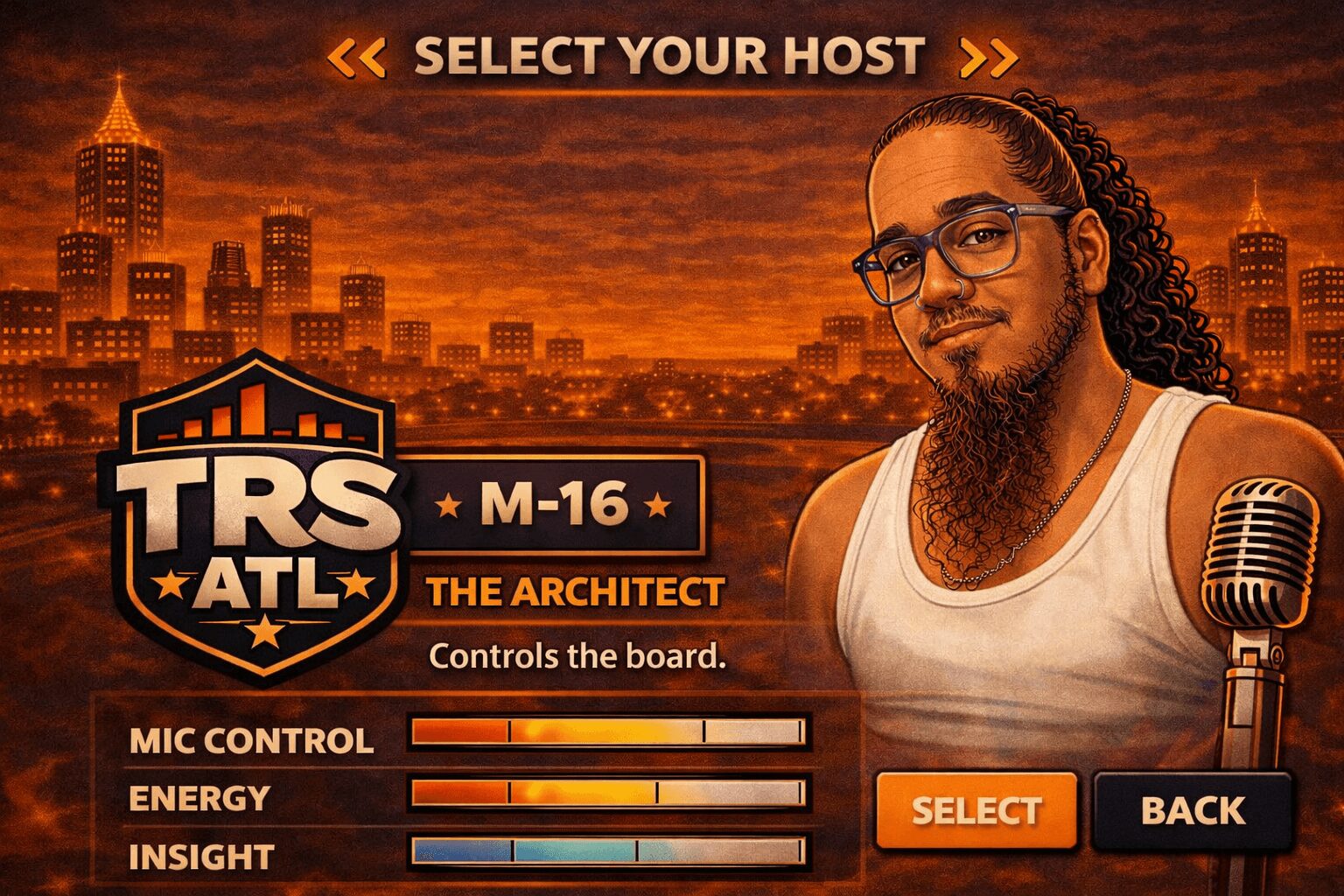 A man with glasses and a beard in front of a city skyline at sunset, with a microphone nearby, selecting a host.