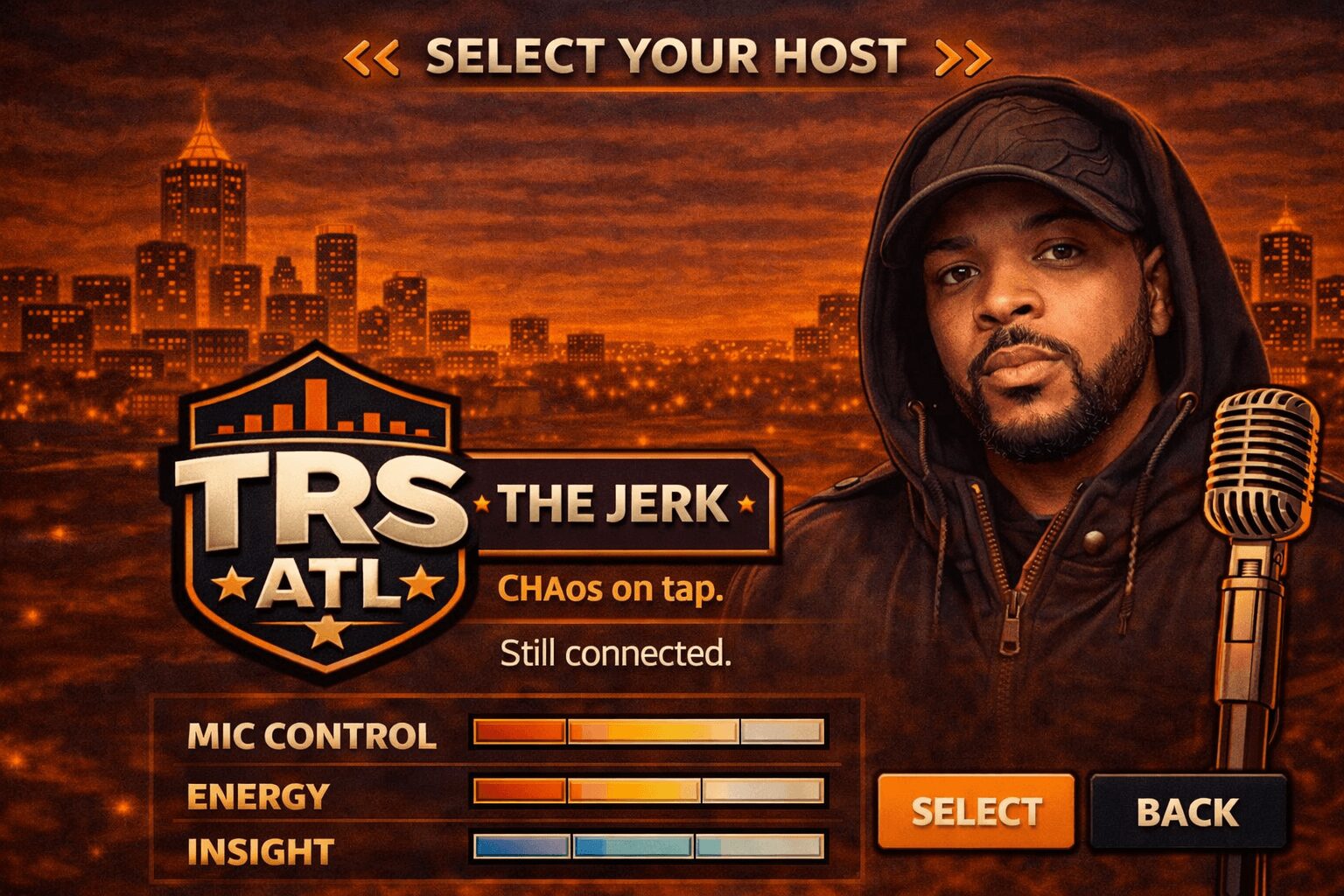 Man with a hoodie and beard holding a microphone against a city skyline at sunset, with game interface elements.