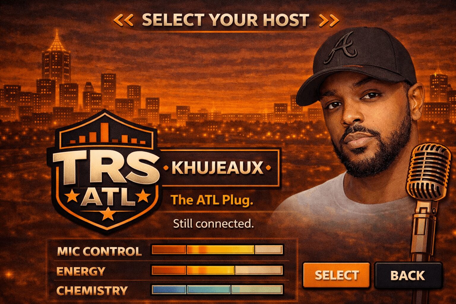 Man with a beard wearing a black cap, standing next to a microphone, city skyline background, promotional graphic for TRS ATL.