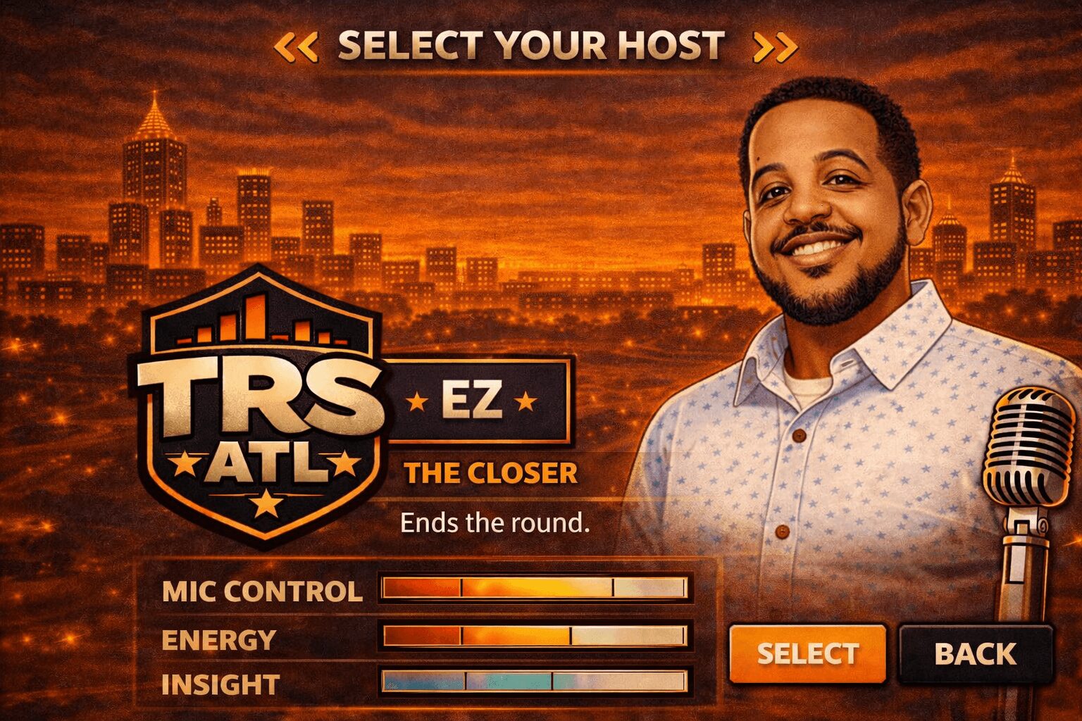 Smiling man with microphone in front of city skyline at sunset, promotional graphic for TRS ATL show.