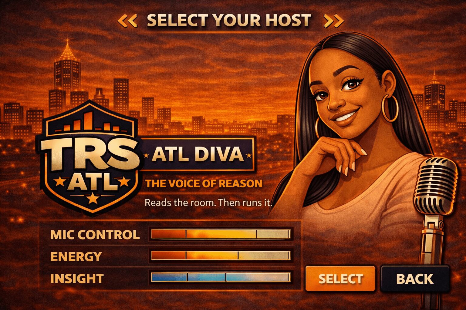 Animated woman with long hair smiling, holding a microphone, city skyline background, text about selecting a host, and a logo.