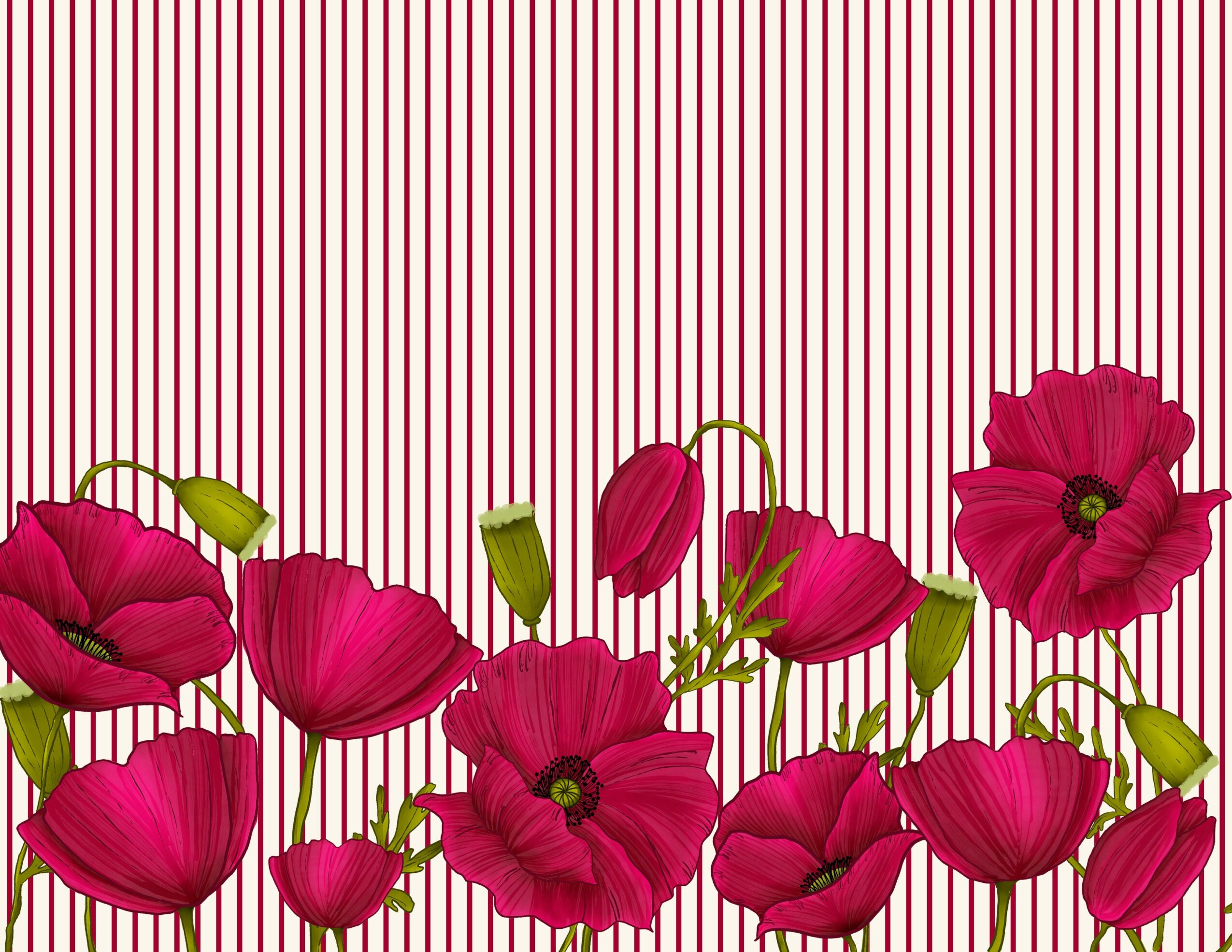 Pattern of vertical red and white stripes with pink flowers at the bottom, some buds and green stems visible.