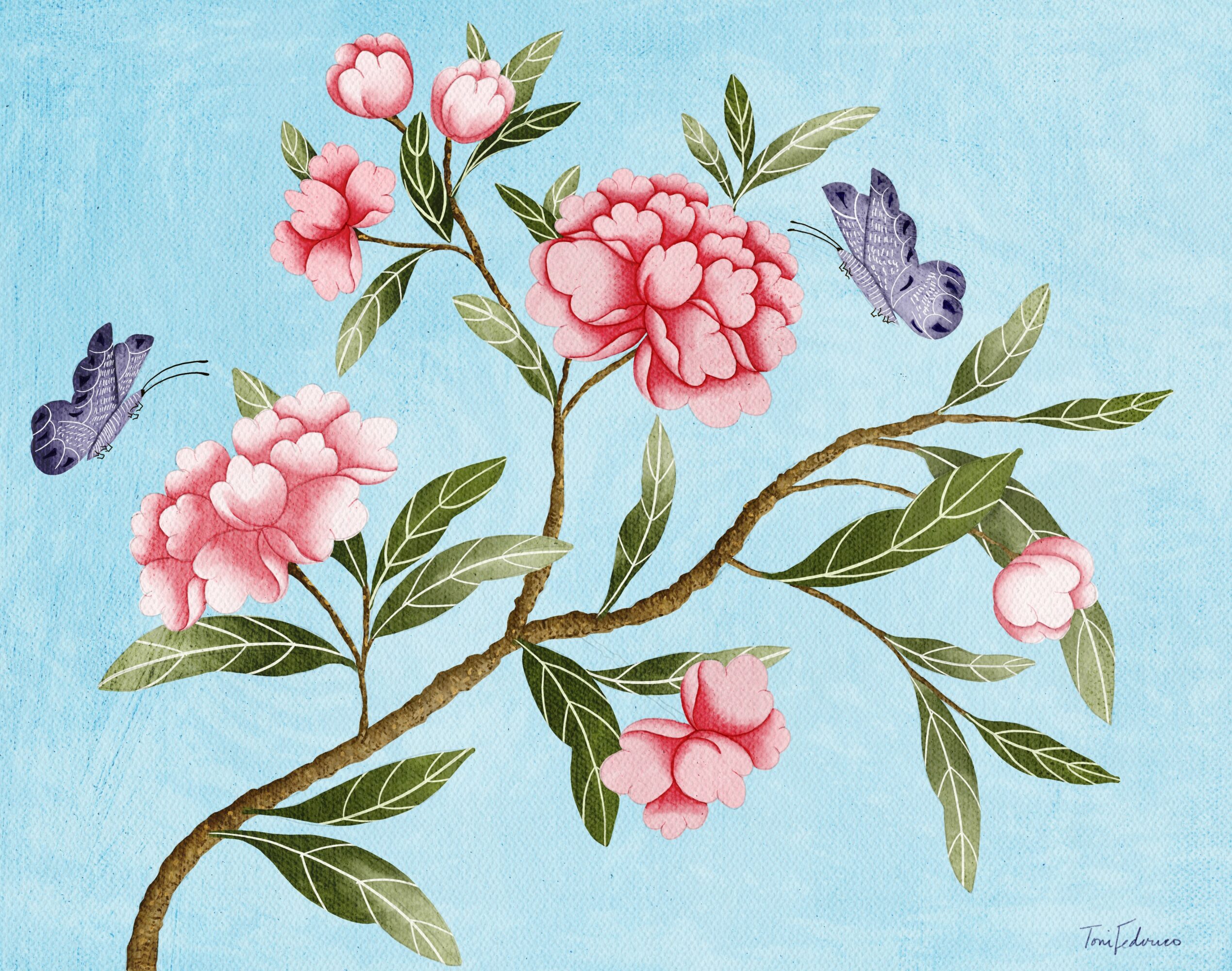Branch with pink flowers and green leaves, two purple butterflies on a light blue background.
