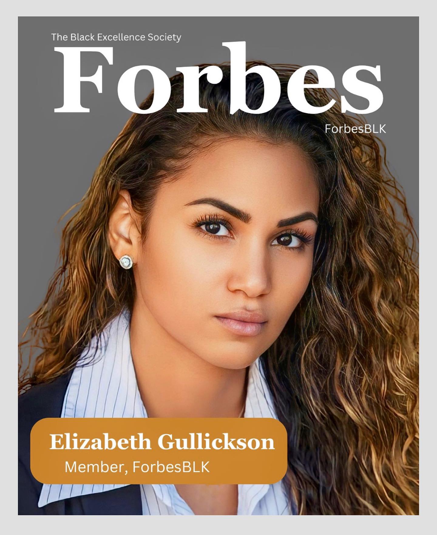 Portrait of a woman with curly hair, wearing a light blue shirt and earrings, on a Forbes magazine cover.