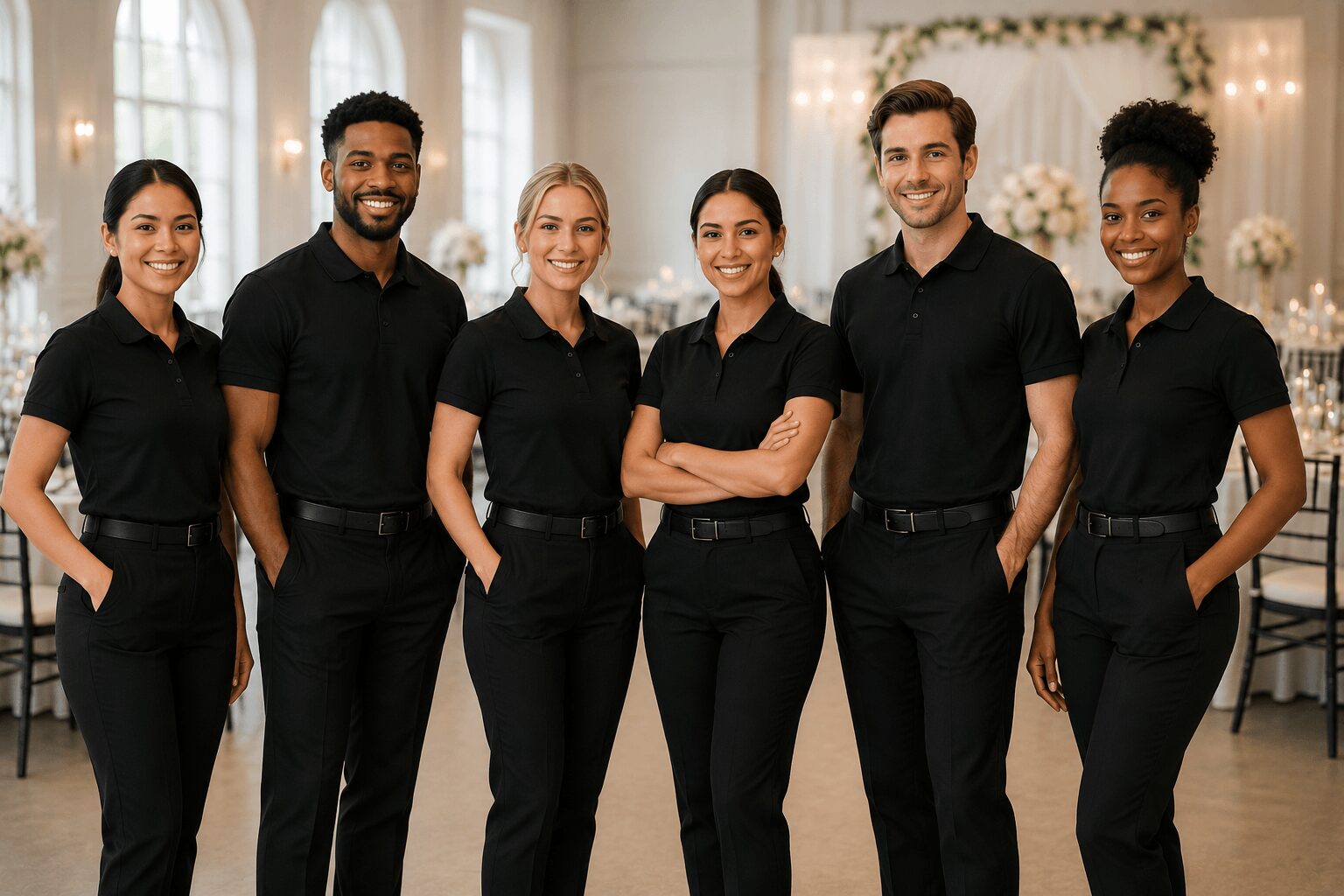 Six people in black uniforms standing together indoors, smiling, with a decorated background and tables, in a well-lit room.