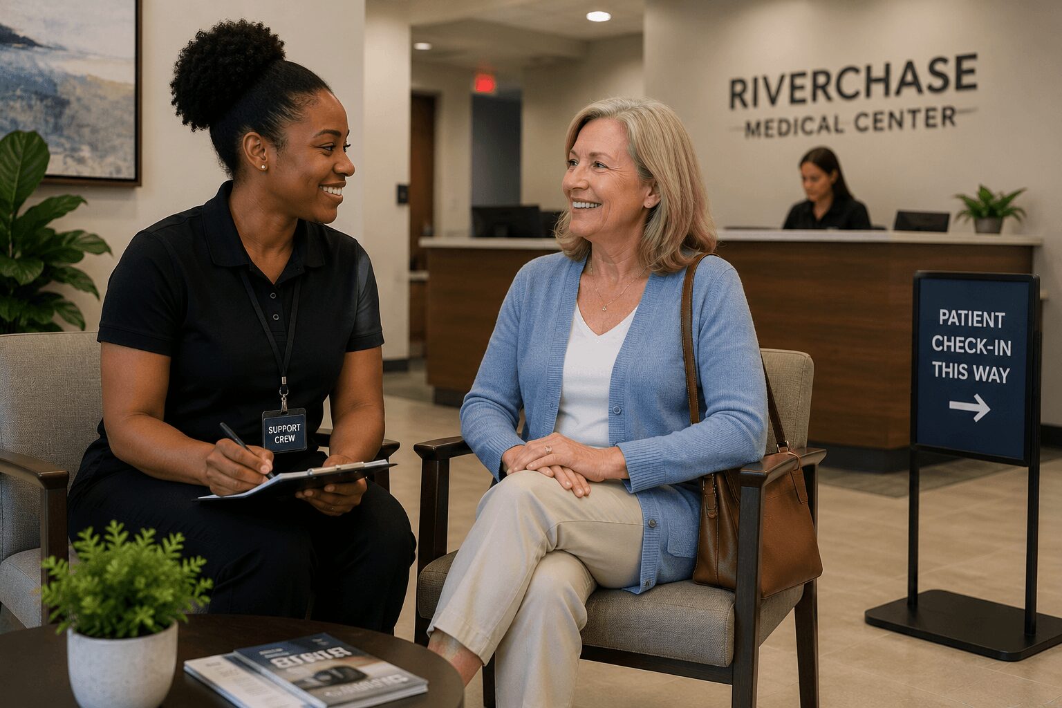 Two women sitting and talking in a medical center lobby, with a sign pointing to patient check-in, and a reception desk in background.